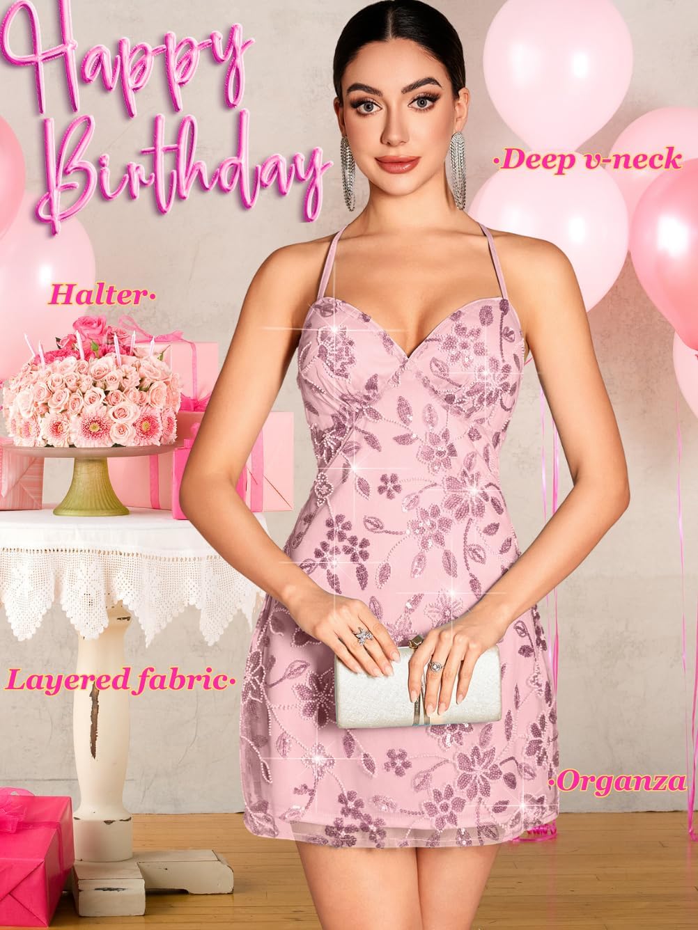 Beaded Sequin Dress,Backless Floral Mini Dresses for Women,Homecoming Cocktail Party Sparkly Outfits - Image 5