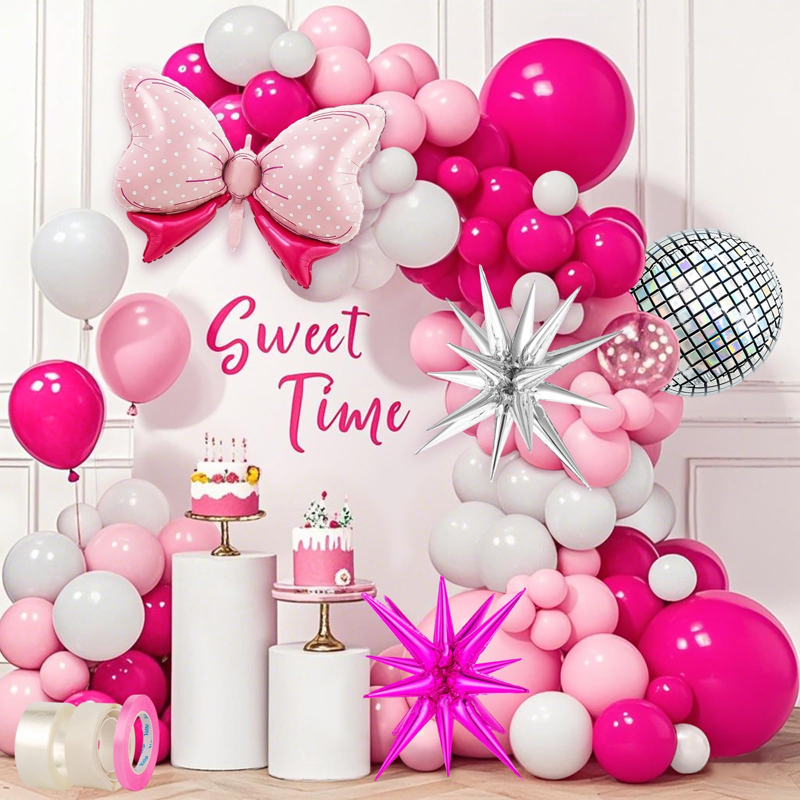 HFKPJRT 156 Pcs Hot Pink Balloon Arch, Rose Red Matte White Silver Disco Ball Star Bow Crown Princess Balloons Garland Kit, Foil Balloons For Princess