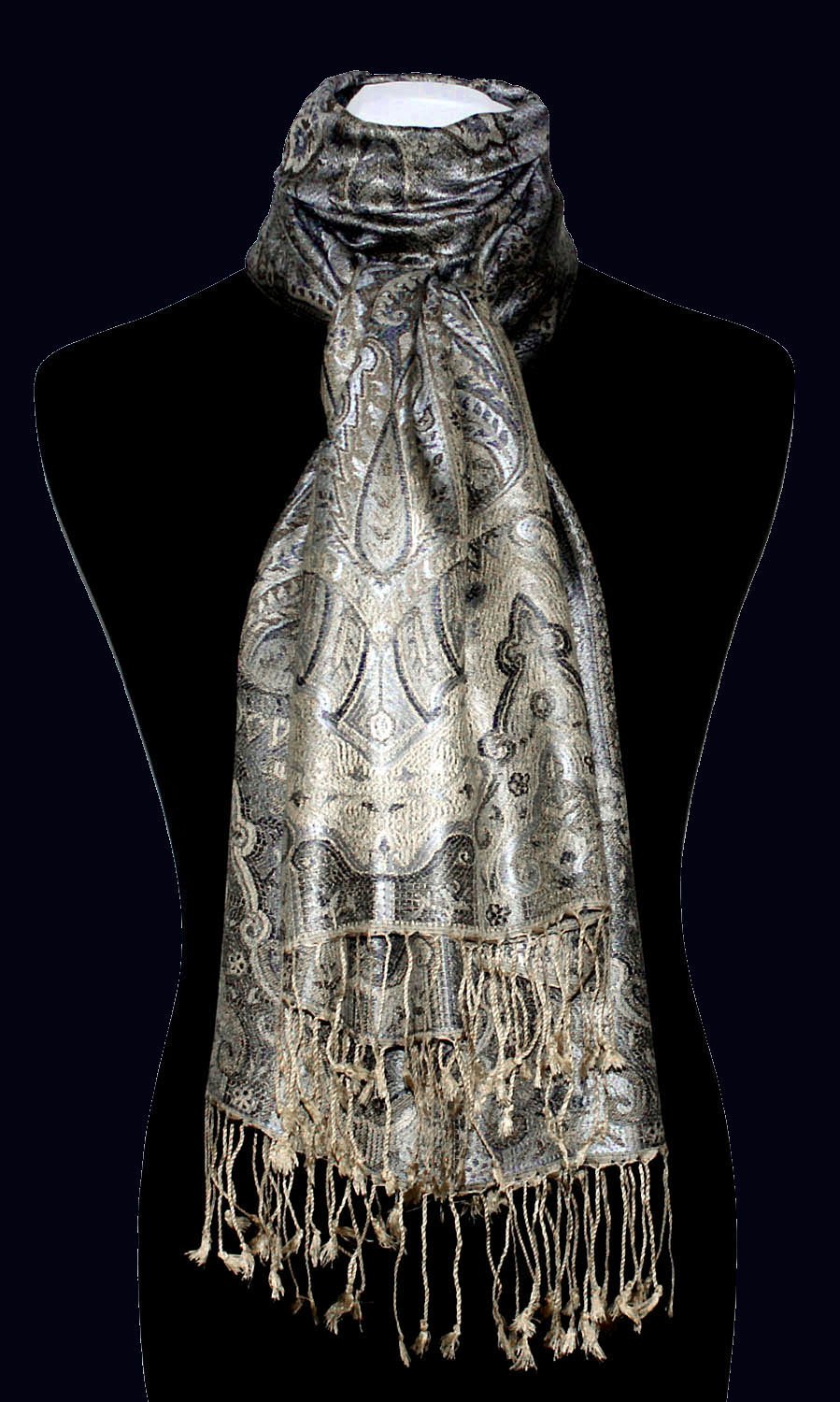 Lorenzo Cana Bufanda Pashmina para mujer tejido jacquard 100% seda 70 x 190 cm cachemira bufanda de seda, Azul, crema y oro.