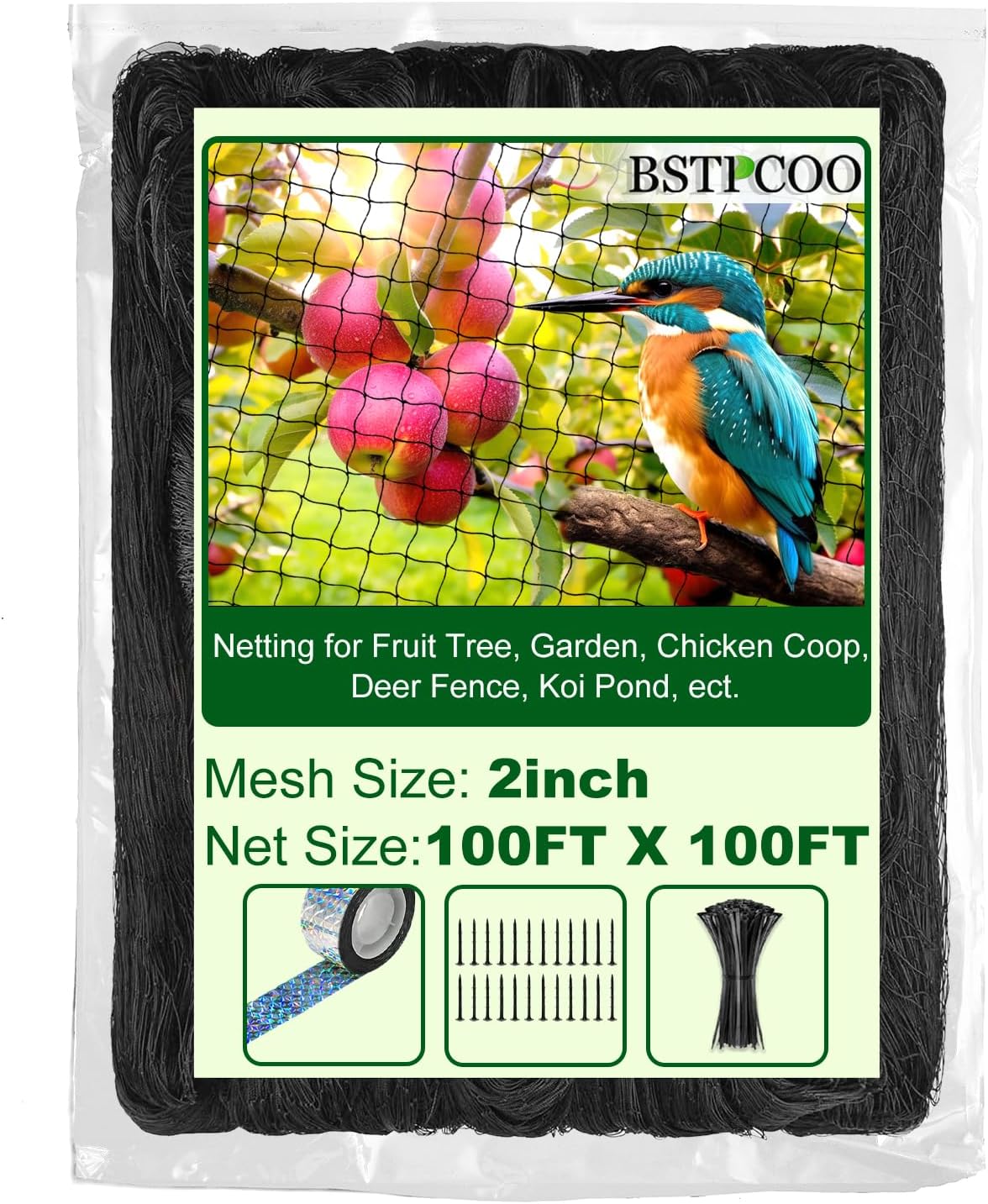 Chicken Netting Roof Hawk 100'x100' with 2" Mesh, Heavy Duty Bird Nettings for Garden with Birds Scare Tape, Nylon Bird Netting for Chicken Coop, Avian Nettings Deer Fence Fruit Tree Net 100'×100'-2''