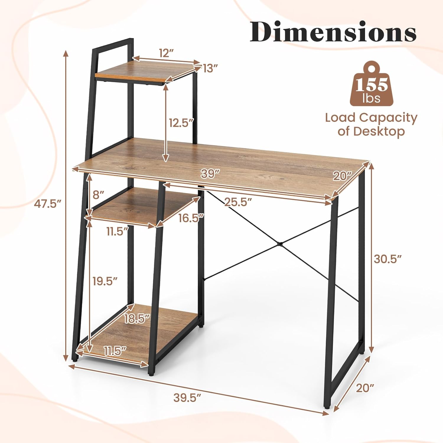 Tangkula Computer Desk with Shelves, Space Saving Home Office Desk with 3-Tier Ladder Shaped Storage Bookshelf, Modern Writing Study Desk with Metal Frame, Compact Computer Workstation (Natural)