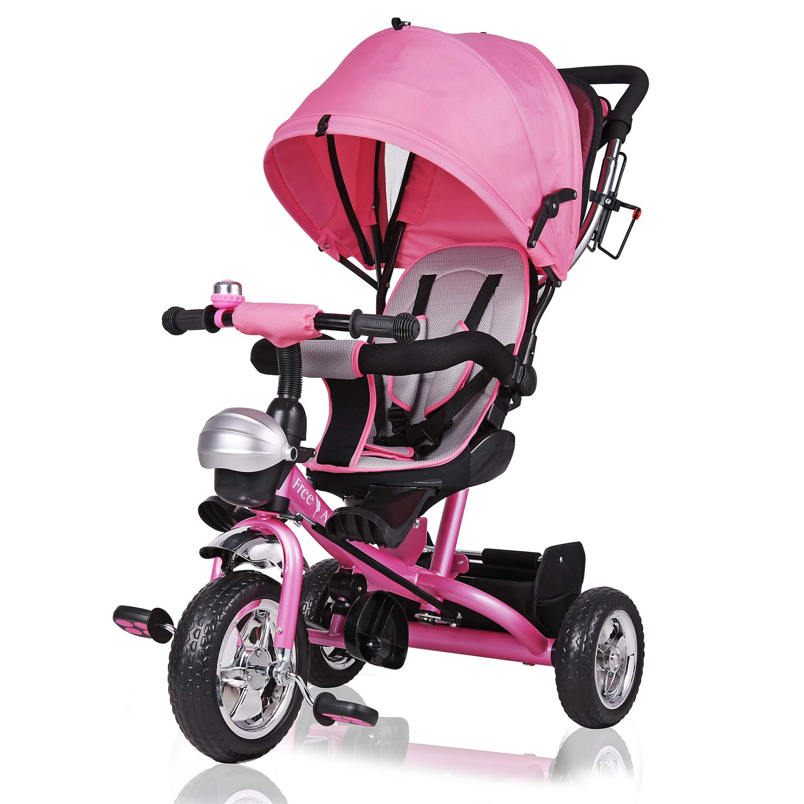 Spielwerk® Children's Pink Tricycle With Safety Belt | Push Rod | Detachable Adjustable Footrest | Roof | Removable Basket | Bicycle Trike Bike Stroller Childs Kids Toddlers Baby