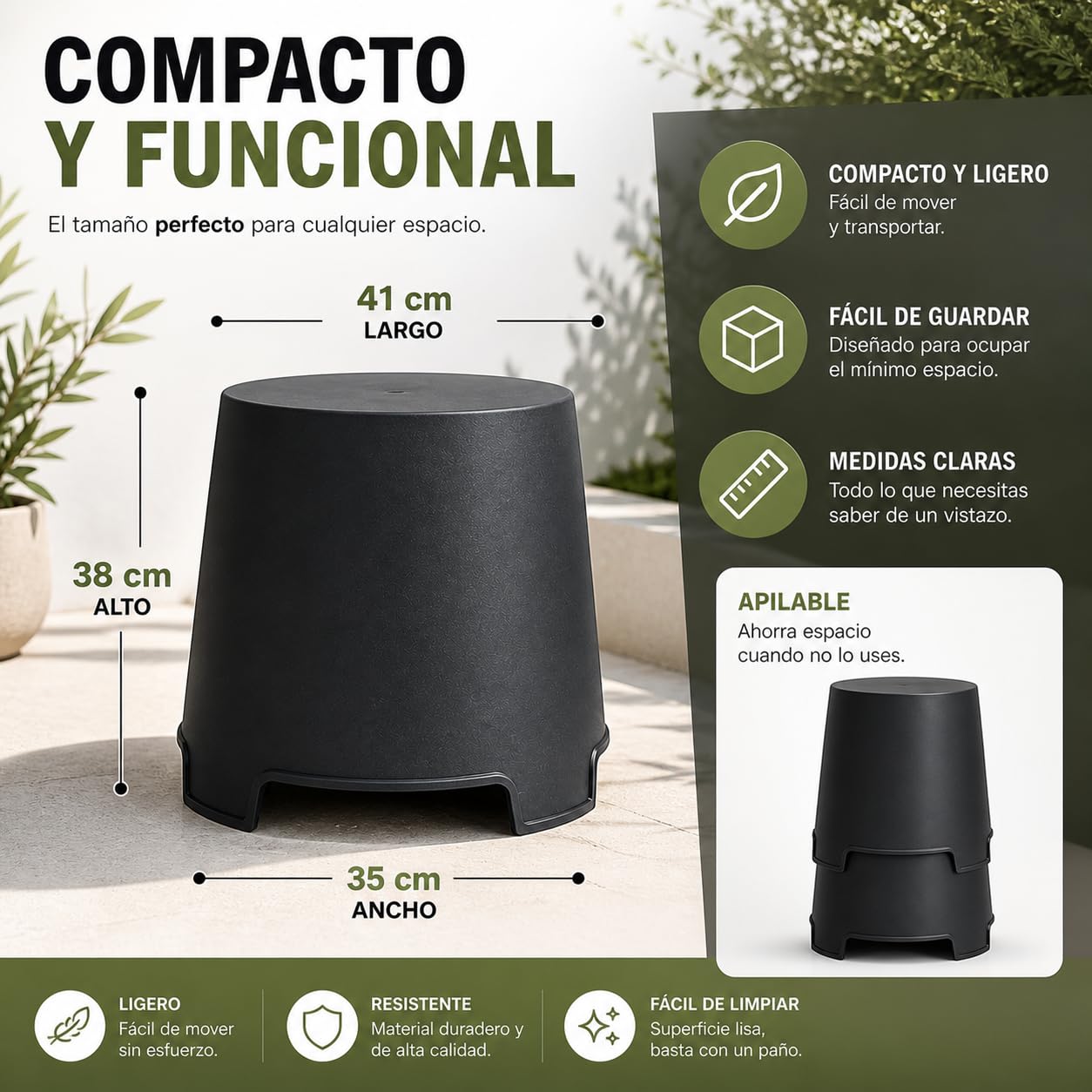 TIENDA EURASIA – Mesa Auxiliar de Jardín Exterior | 41x35x38 cm | Plástico PP Resistente | Soporta hasta 10 kg | Portátil y Ligera | Ideal para Terraza, Balcón y Exterior (Antracita)