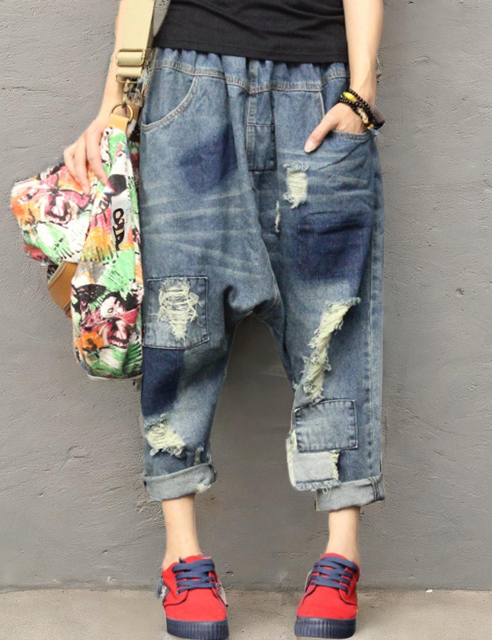 Women's Elastic Waist Harem Pants Drop Crotch Ripped Jeans Style 5 - Image 6