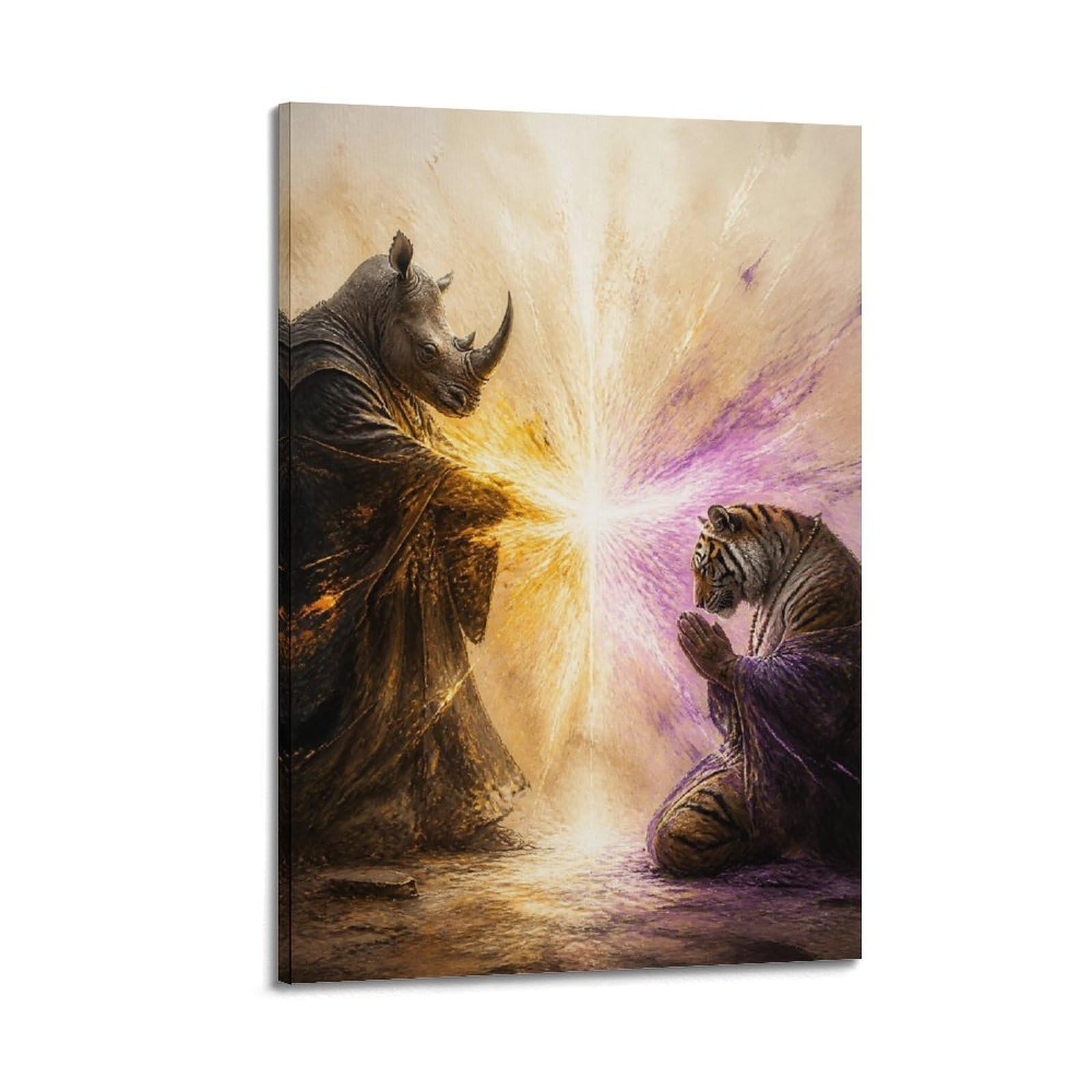 XKUGA Surreal Renaissance Animal Poster Rhinoceros Tiger Sacred Duel Modern Decorative Canvas Prints - Ideal Wall Art for Family, Man Cave, Game Room, Boys & Girls Bedroom 20x30inch(50x75cm)