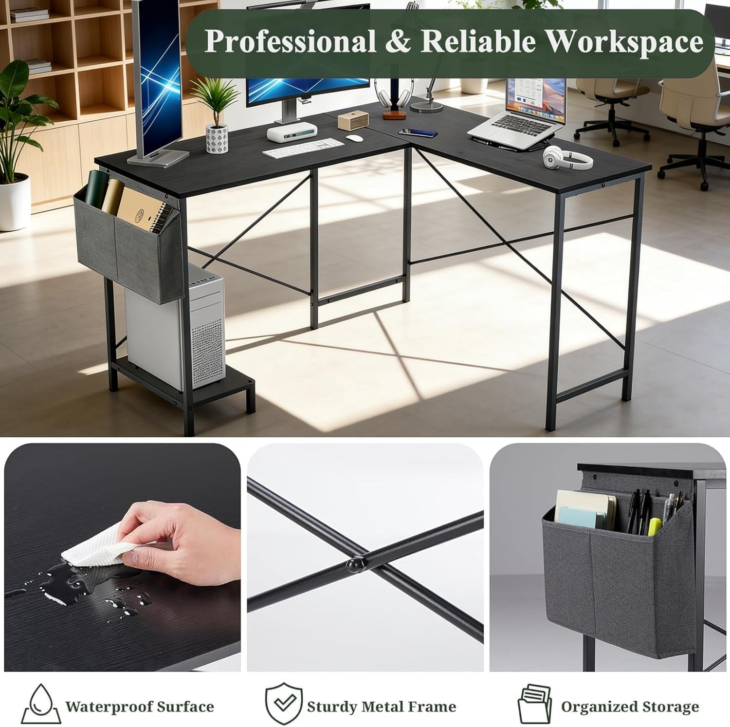 L Shaped Desk, 50 Inch Reversible Computer Desk Corner Gaming Table with CPU Stand & Storage Bag, Sturdy Metal Frame PC Workstation for Home Office, Black Wood