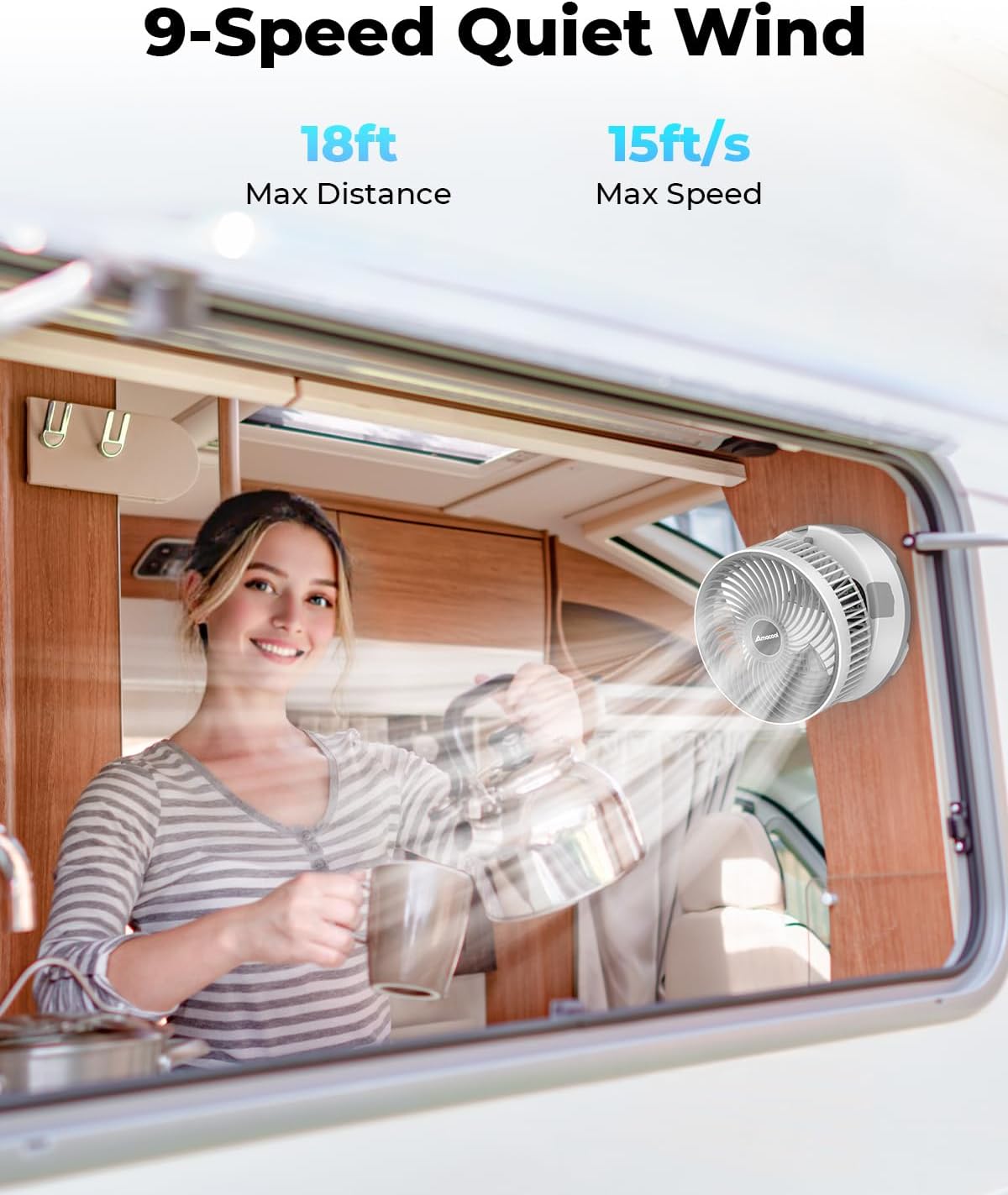 AMACOOL 8'' Non-Drilling Wall Mount Fan with Remote, 10000mAh Rechargeable, Quiet 9 Speeds, 90° Oscillation & Tilt, Smart LED Display with Timer, Portable Fan for Bathroom Bedroom RV Kitchen (White)