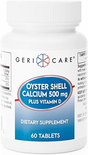 GeriCare Oyster Shell Calcio 500mg + Vitamina D, Salud ósea, Tabletas de suplemento nutricional, 60 unidades (paquete de 1)