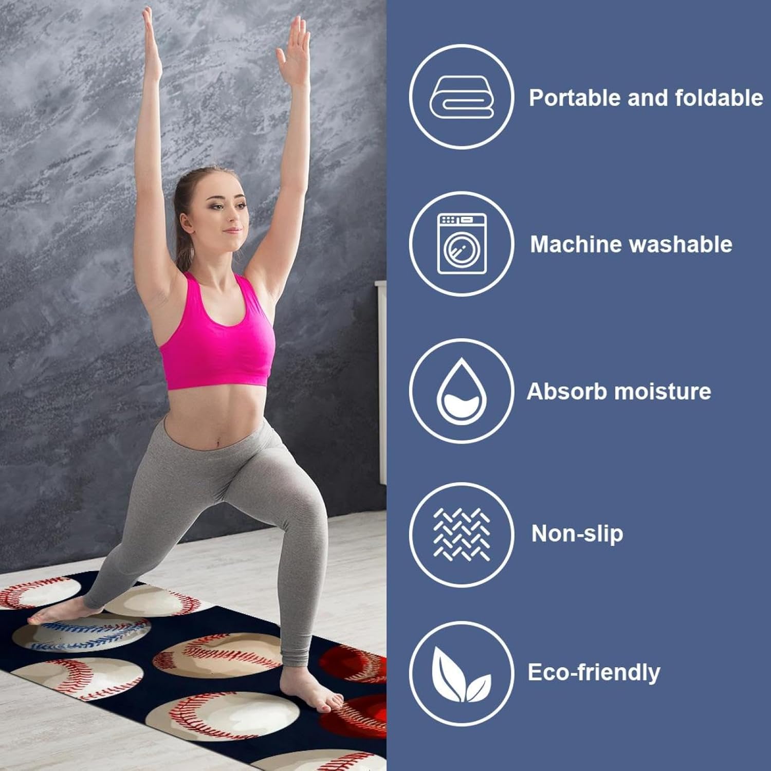 Yoga Towel, Baseball Pattern Non Slip Sweat Absorbent Hot Yoga Mat Towel for Hot Yoga, Pilates and Fitness - 72.8" x 26.8"