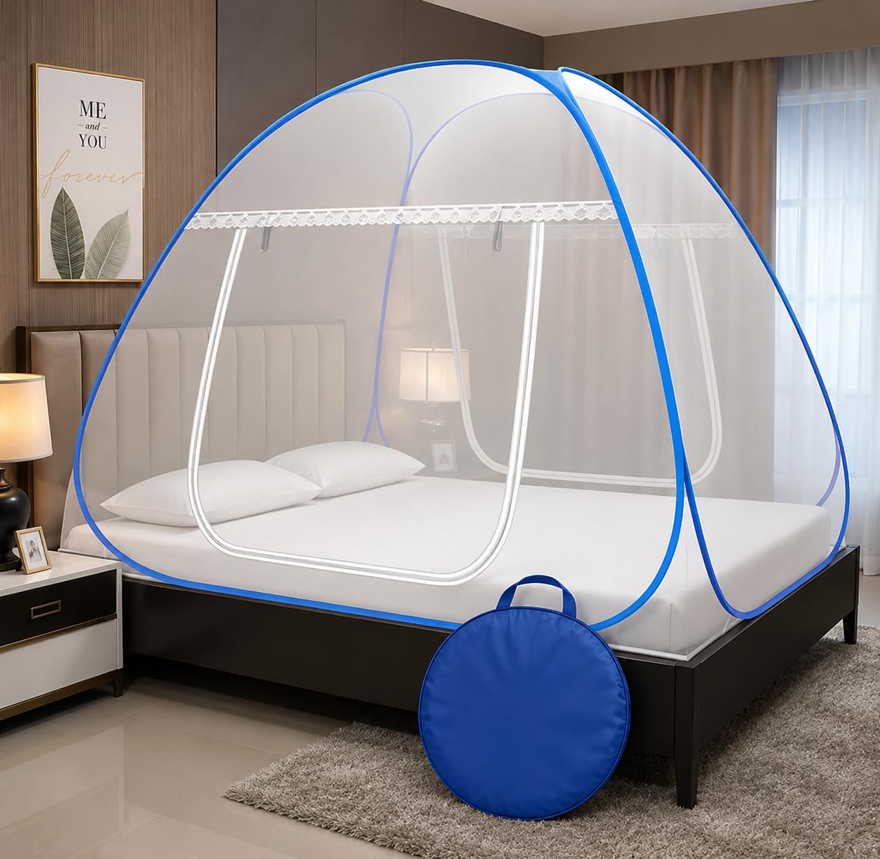 Pop-Up Mosquito Net Bed Canopy with Carry Bag, Blue | Easy Pop-Up Setup, Foldable & Portable, Includes Carry Bag, Double Door Entry, Fits Double Bed-image-35