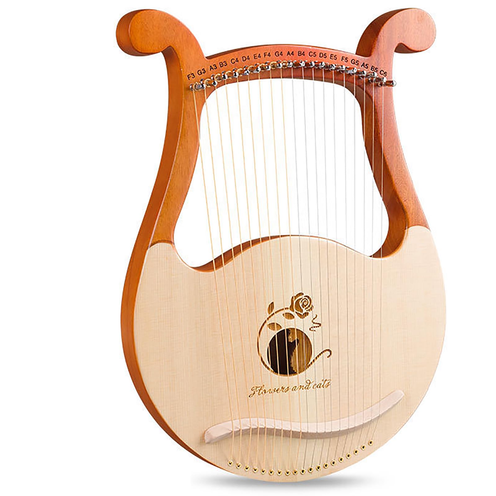 Arpa a lira, strumento musicale portatile a 19 corde, note incise, fori per il suono traforati, corde di ricambio e custodia