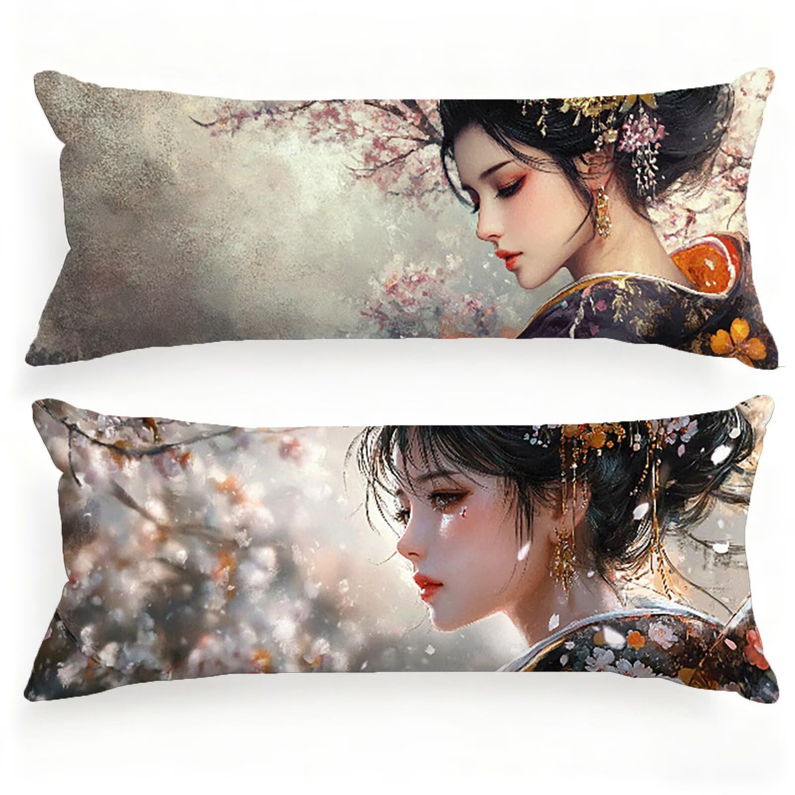 Taie de Traversin 150 cm Japon Taie Oreiller 50x150 Lot de 2 Lin Housse Coussin Femme Double Face Impression, Améliorer Sommeil Housse Traversin avec Fermeture Eclair Caché pour Chambre Lit, Model482