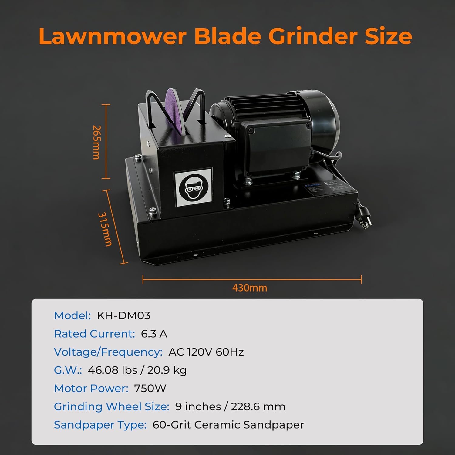Lawn Mower Blade Sharpener with Upgraded Spark Guard, 1HP 750W Bench Grinder, 9-Inch Ceramic Wheel, 30°/40° Angle Brackets, Extra Sandpapers, for High/Low Lift, Gator & Flat Blades