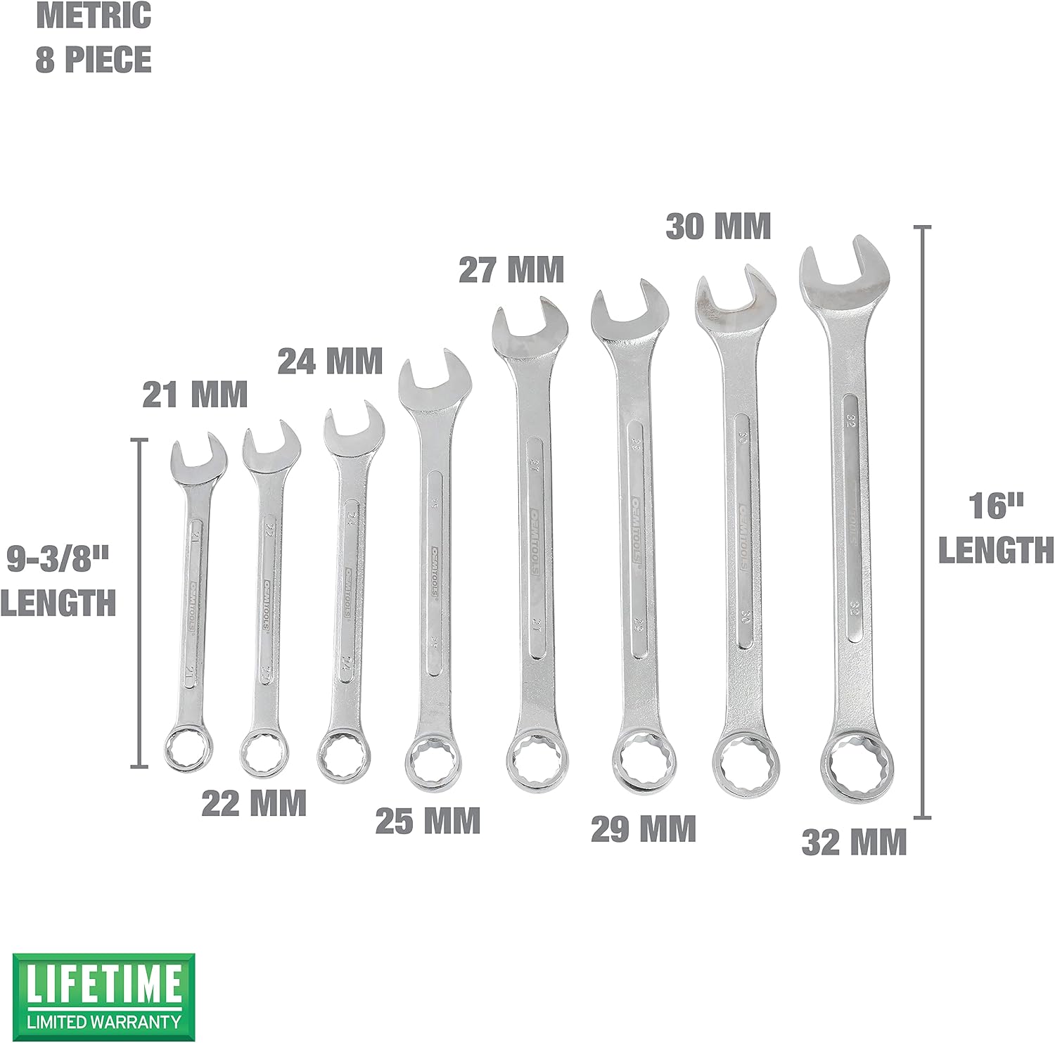 OEMTOOLS 22120 8 Piece Combination Wrench Set | 21, 22, 24, 25, 27, 29, 30, & 32 mm | Box End & Offset Open-End Combination Wrenches | Automobile Repair & Home Use | Green Canvas Tool Roll Included