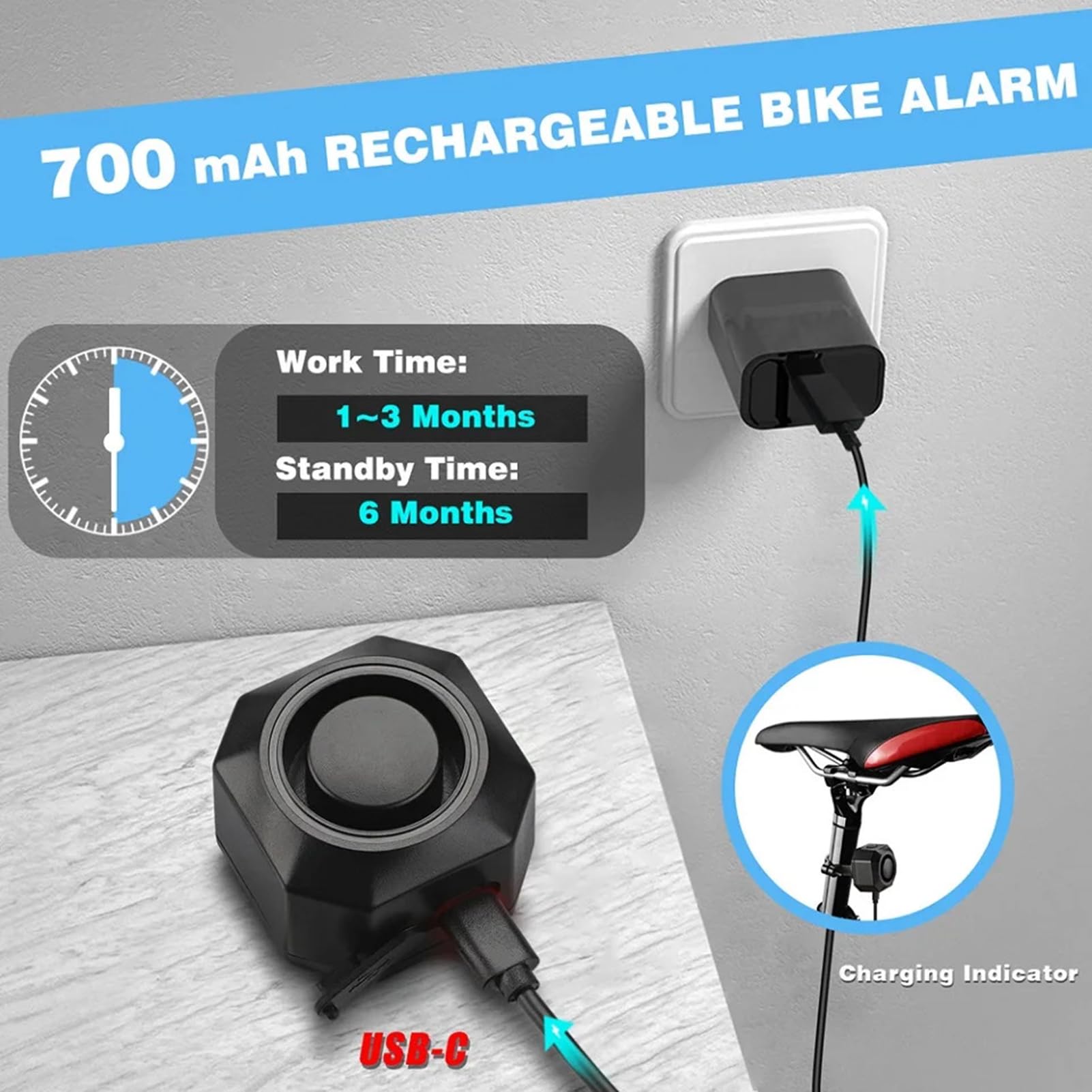 Mengshen Lot de 2 systèmes d'alarme de vélo rechargeables sans fil pour vélo électrique, moto, scooter, voiture, Tailer USB-C Rechargeable