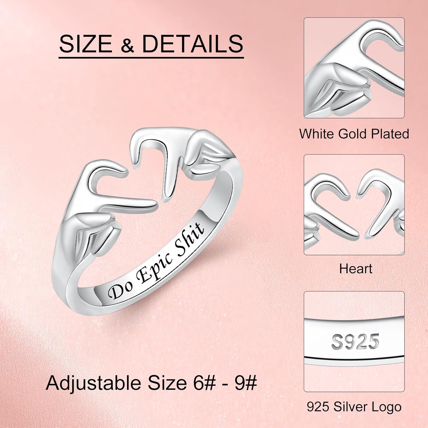 925 Sterling Silver Heart Claddagh Rings for Women Teens Girls, Adjustable White Gold Plated Ring Friendship Promise Love Heart Jewelry Rings Mothers Day Valentines Holiday Gifts for Women Friends - Image 5