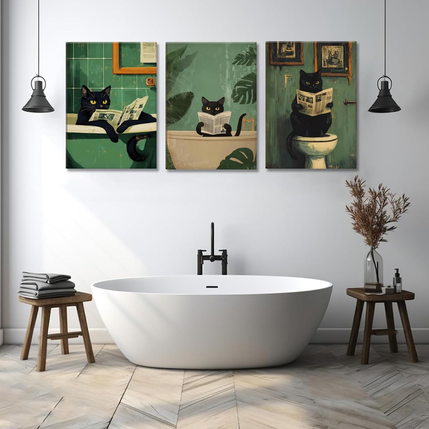 BOKPEN Black Cat Bathroom Canvas Wall Art,Cute Cat Reading Newspaper Funny Bathroom Poster Prints,Green Toilet Art Vintage Painting Artwork for Washroom Aesthetics Whimsical Quirky Room Decor 16x24in