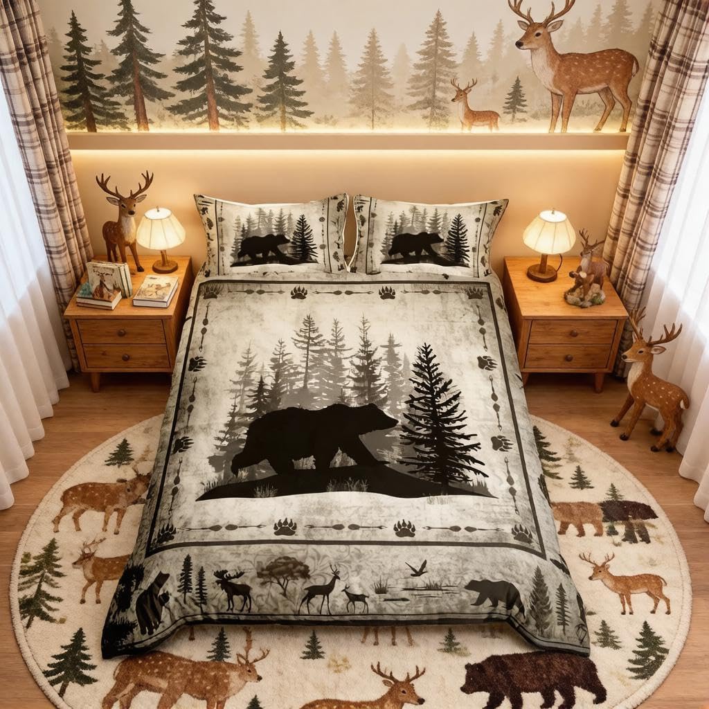 Parure de lit rustique fermeture éclair motif ours ultra doux