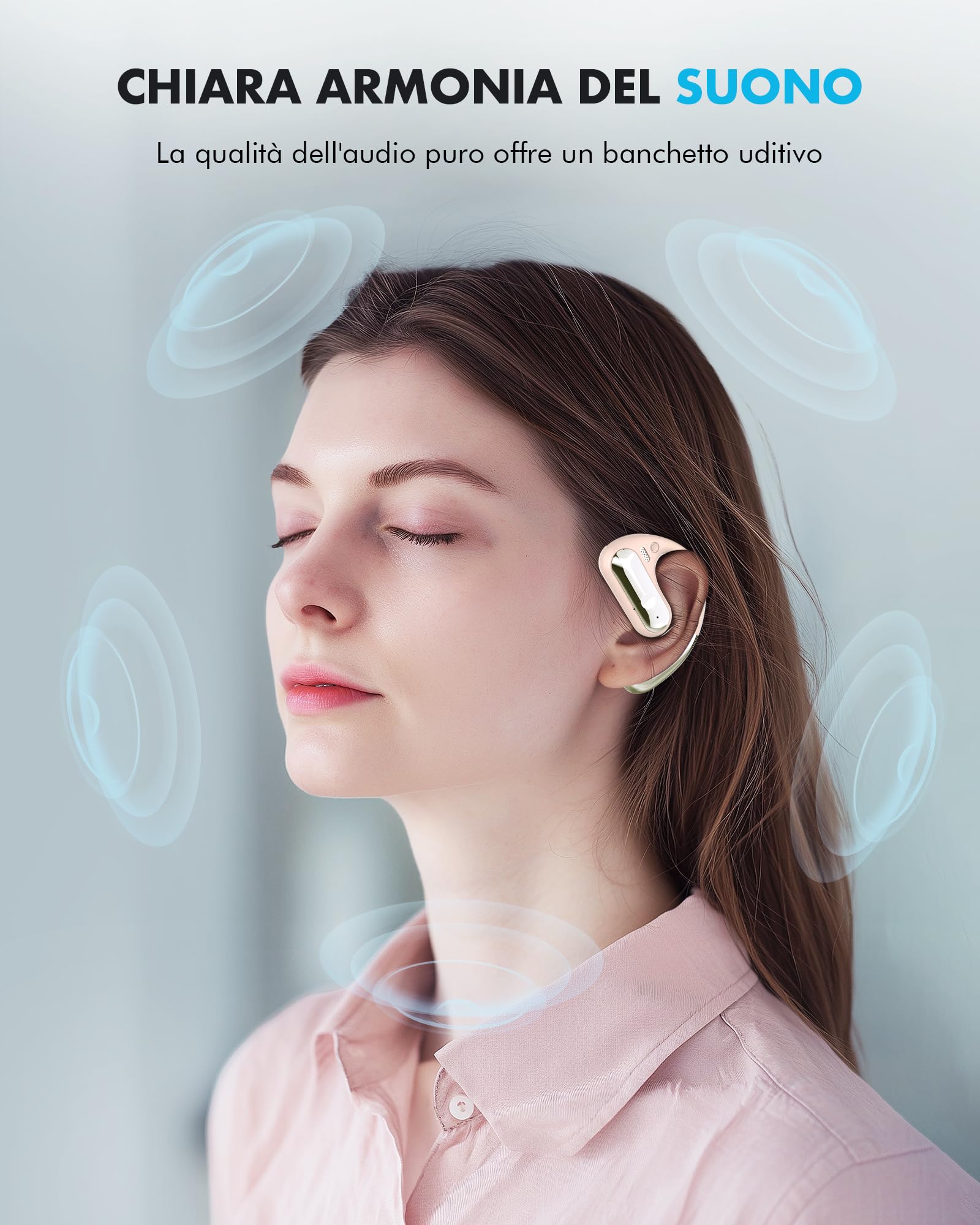 EUQQ Cuffie Conduzione Ossea Cachi - Auricolari Bluetooth Sport con Tecnologia Bluetooth 5.4, Design Aperto Ore, 50 Ore di Riproduzione, Perfetto per Sport, Corri e Attività All'Aria Aperta