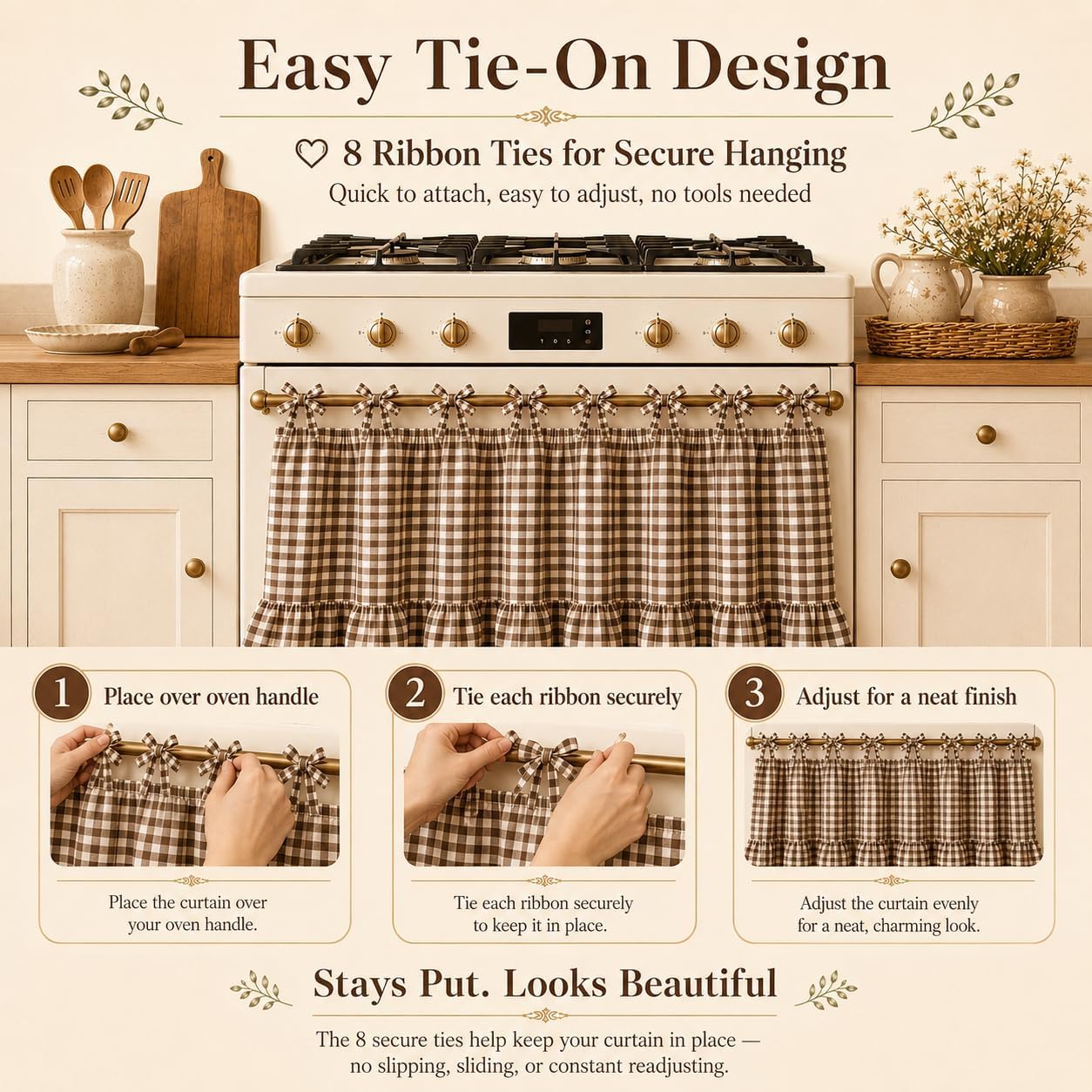 Farmhouse Oven Skirt, Coffee Brown Check Farmhouse Ruffle Oven Door Cover with 8 Ribbon Ties, 30 x 21.5 Inch Cotton Rustic Decorative Oven Door Curtain for Kitchen, Dishwasher & Range