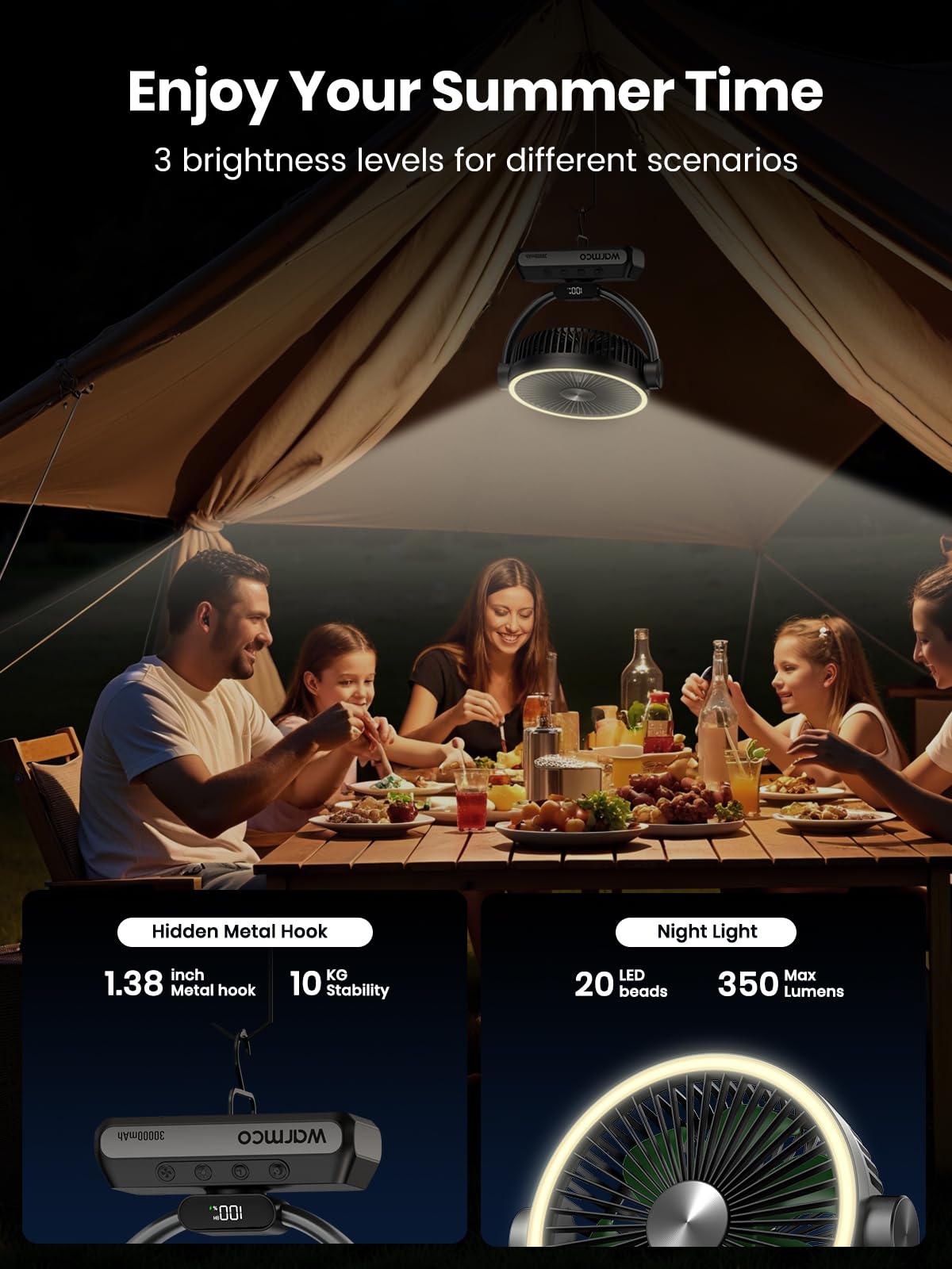 Warmco Camping Ventilator mit 30000mAh Akku, 30W PD Schnellladefunktion, LED Licht, Timer, 15-99 Std. Laufzeit, Leise, mit Haken