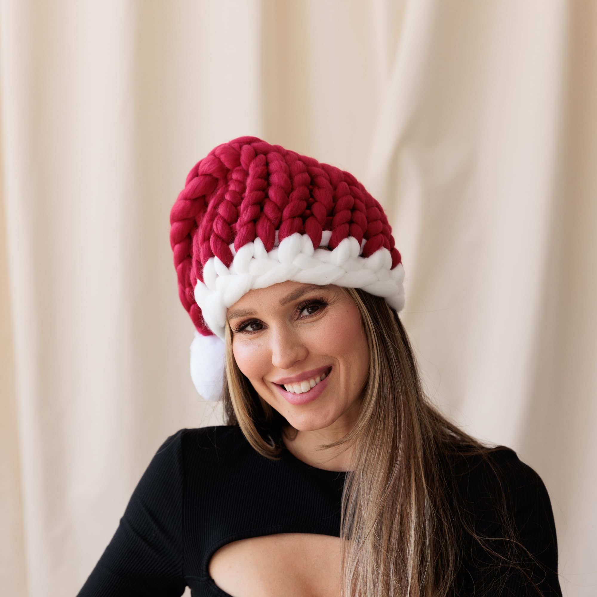 Pinup - Gorro de Papá Noel grueso y único tejido a mano, gorro rojo festivo para fiestas de Navidad, sombrero de Navidad holgado para mujer