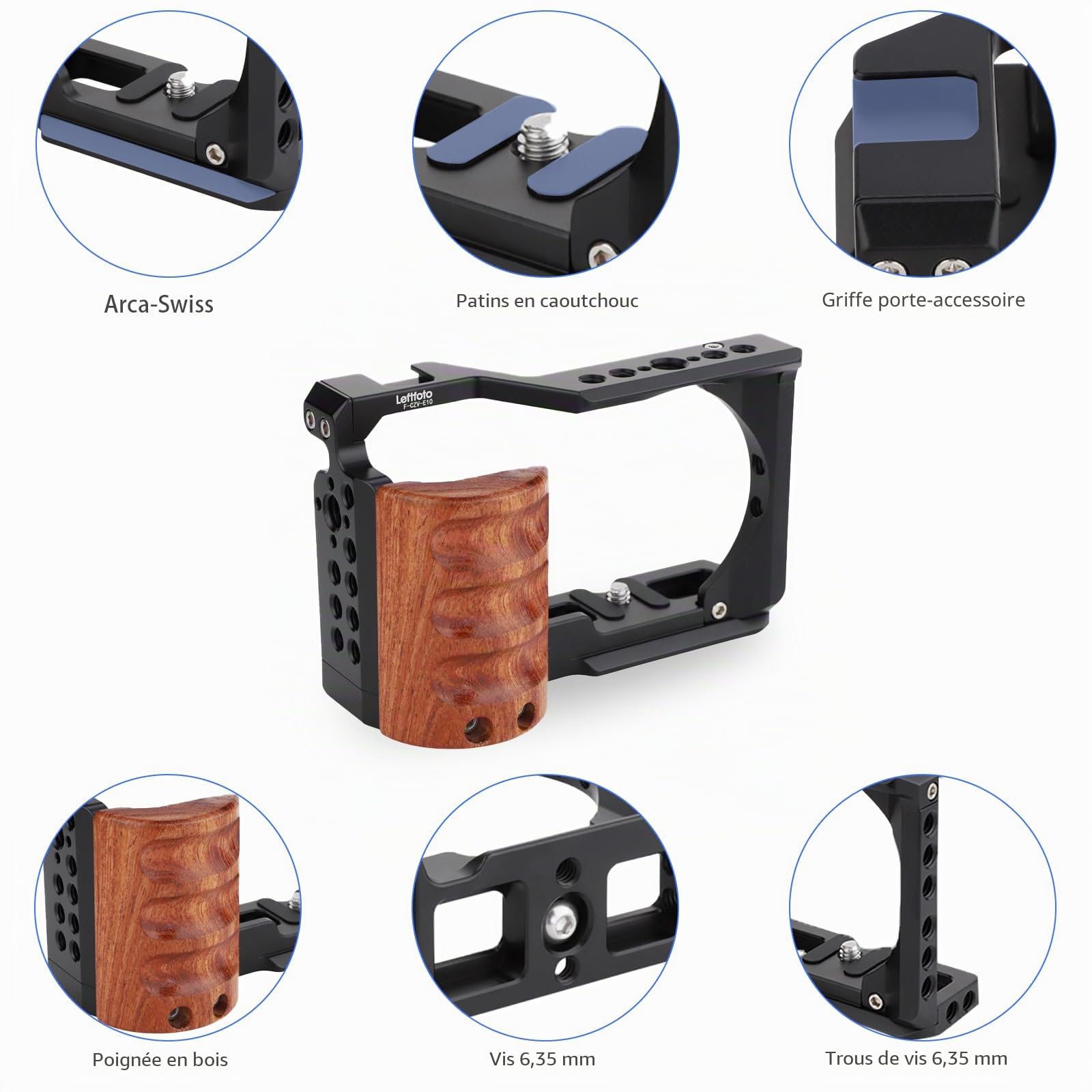 Leftfoto Cage en métal avec poignée en bois pour Sony Alpha ZV-E10 Accessoires de prise de vue vidéo, micro griffe/extension de lumière, cage vidéo pour filmer Vlog Camera Kit