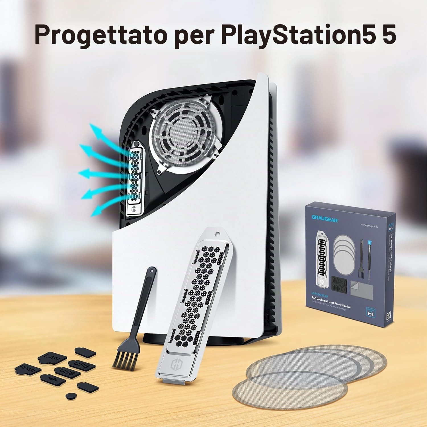 GRAUGEAR Set di filtri antipolvere di alta qualità per PS5, PS5 Slim e Pro Include coperture in silicone e spazzole per la pulizia per una maggiore durata e prestazioni migliori. (con copertura per