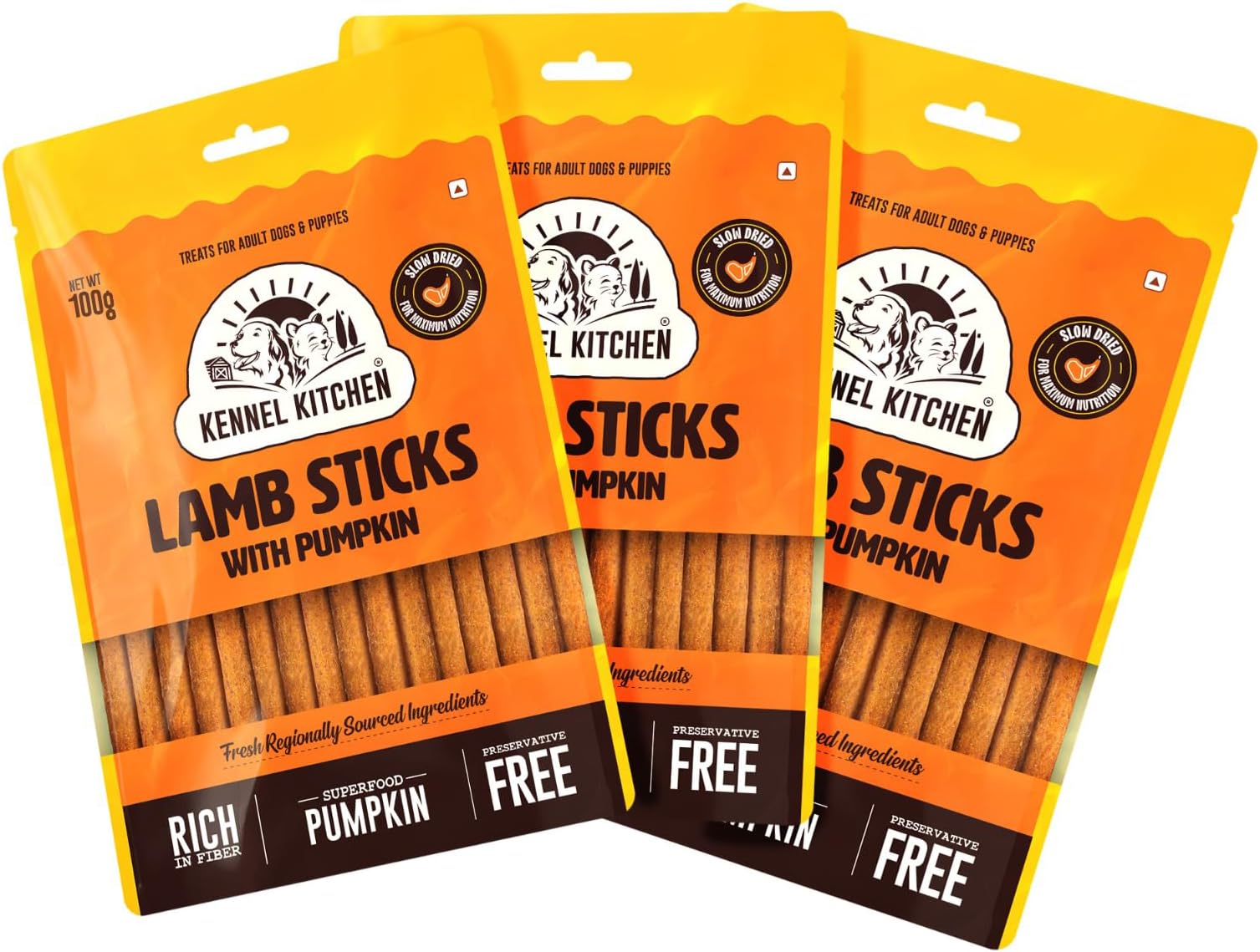 Kennel Kitchen Soft Baked Lamb with Pumpkin Sticks Treats for Dogs, 100g (Pack of 3) | Soft Dog Chew Sticks | Dog Treats for Adult Dogs and Puppies