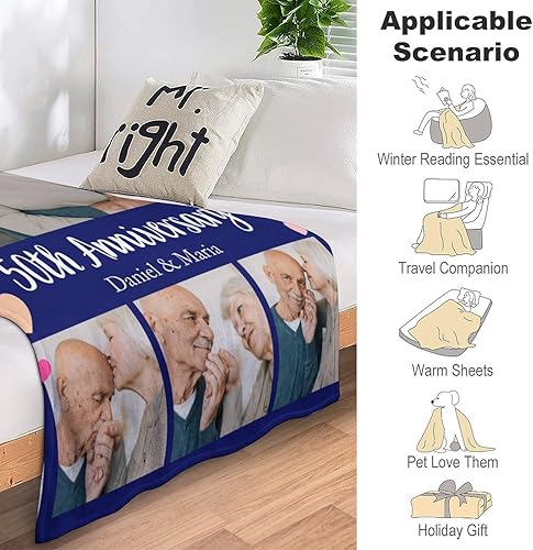 Miniatura 4 de Manta personalizada de aniversario, manta personalizada con foto y nombre para pareja, 40, 50, 60, boda, para el abuelo de parte del nieto, nieta,