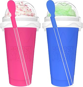 2PCS Slushie Maker Cup - DIY Magic Slushy Maker Squeeze Cup, Smoothie Squeeze Cup for Juices, Milk and Ice Cream Make, Double Layers Silicone Slushie Cup with Straw for Friends Gift Pink+Blue