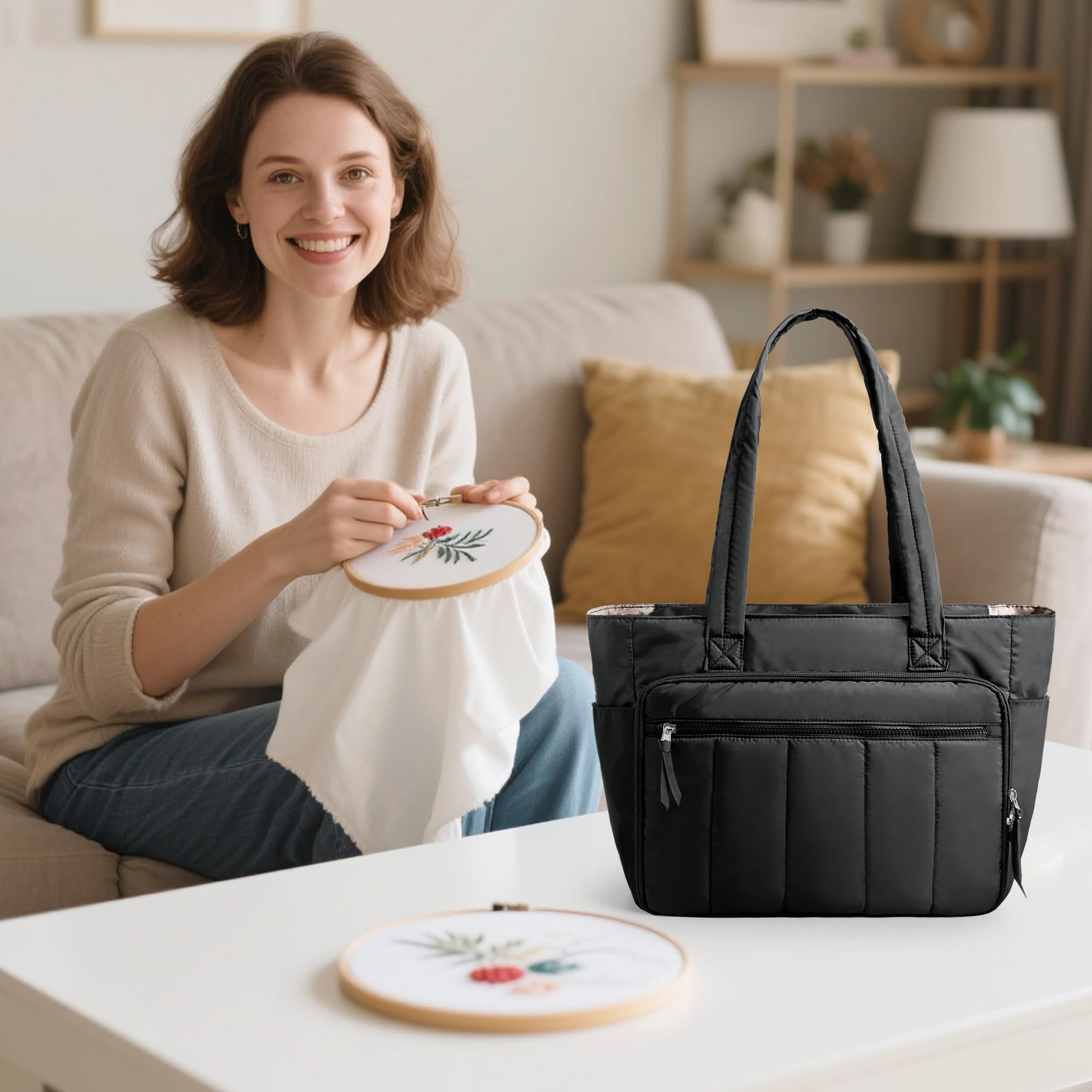 Luxja Sac de Broderie avec Plusieurs Poches, Grand Sac de Projet de Broderie pour Kits de Point de Croix, Noir