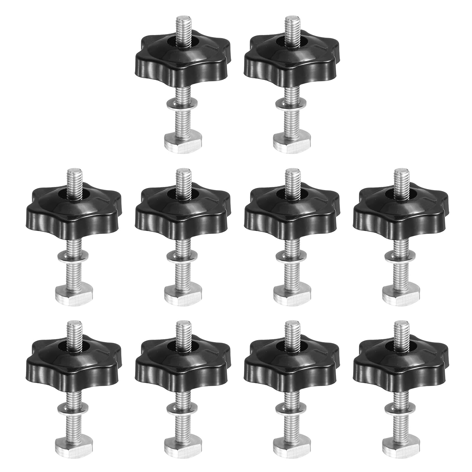 PATIKIL t Track Bolts Knob Kit, 10 Set M5 x 40mm x 32mm Threaded Bolts with Washers and 6-Star Knobs Nuts t Track Accessories for Woodworking Jigs and Fixtures, Silver Black