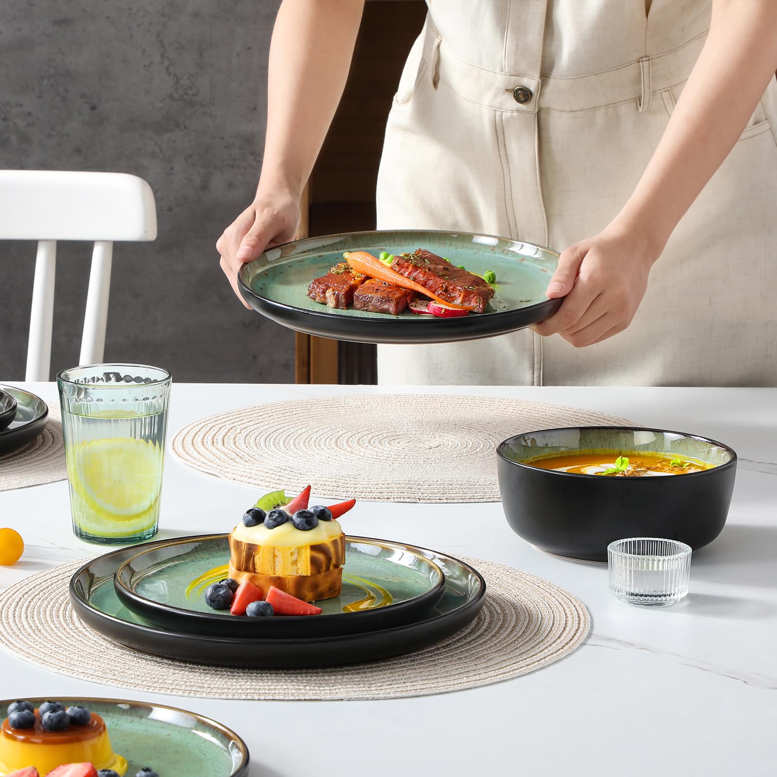 vancasso AMBER Servizio Piatti per 12 Persone, Set Piatti Moderni 36 Pezzi in Gres - 12 Piatti Piani, 12 Piatti Dessert e 12 Ciotole Cereali - Adatto per Lavastoviglie e Microonde - Smalto Verde