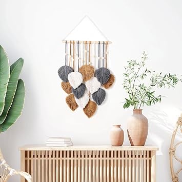 IcosaMro Bohemian Macrame Wall Hanging Green Leaves, Chic Boho Large Feather Tapestry Wall Decor, Handmade Woven Yarn Home Aesthetic Art Deco,17" X 23" Beige, Grey & Khaki