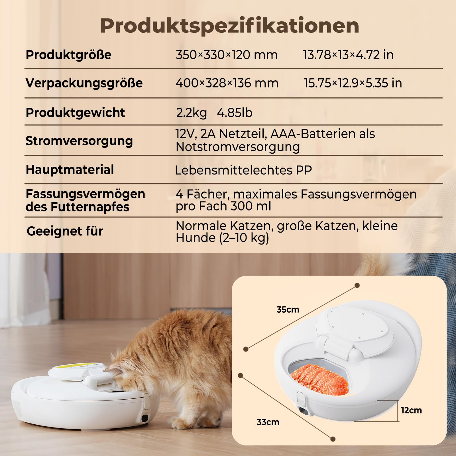 Futterautomat Katze Nassfutter - Frisch bis 4 Tage, Intelligenter Dual-Temp-Halbleiter-Kühl- & Heiz-Automatischer Katzenfutterspender mit multifunktionaler App, 4 Frischmahlzeiten, Infrarotsensorik