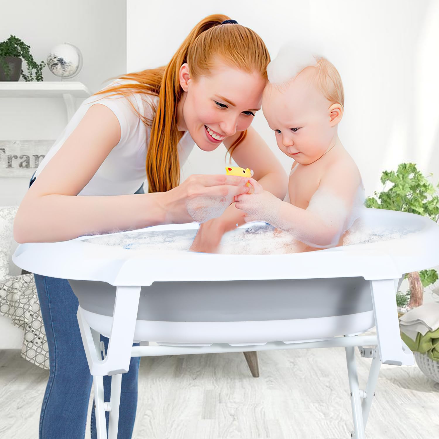 Baignoire pliable pour nouveau-nés et tout-petits avec support antidérapant et tapis de bain, gris