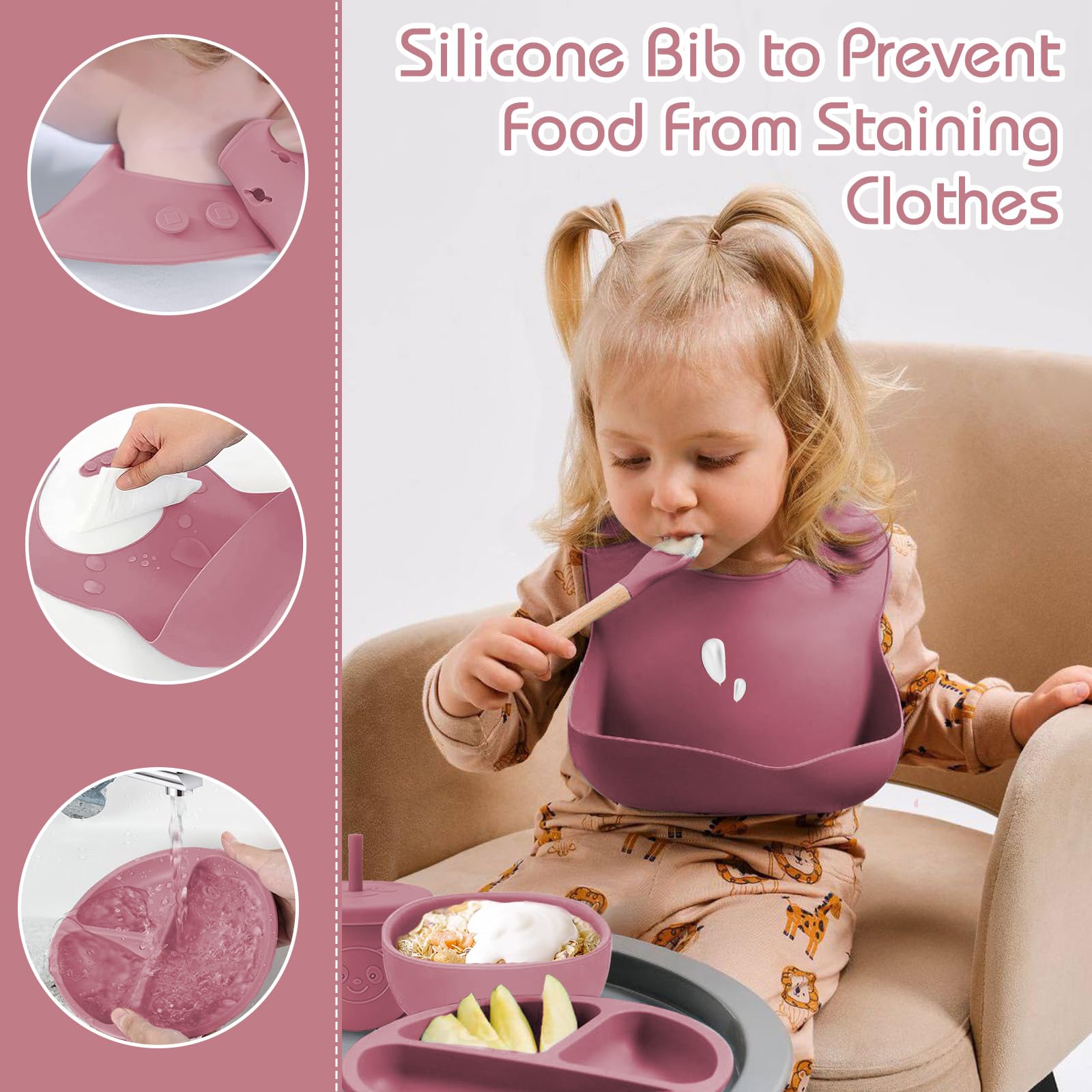 Assiette Bebe,11 Pièces Coffret Repas Bebe Silicone,Assiette bebe Set Vaisselle Assiette ventouse pour bébé,Bavoir Silicone Bebe, Fourchettes,Enfant Set Couverts Vaisselle Pour Sevrage Manger