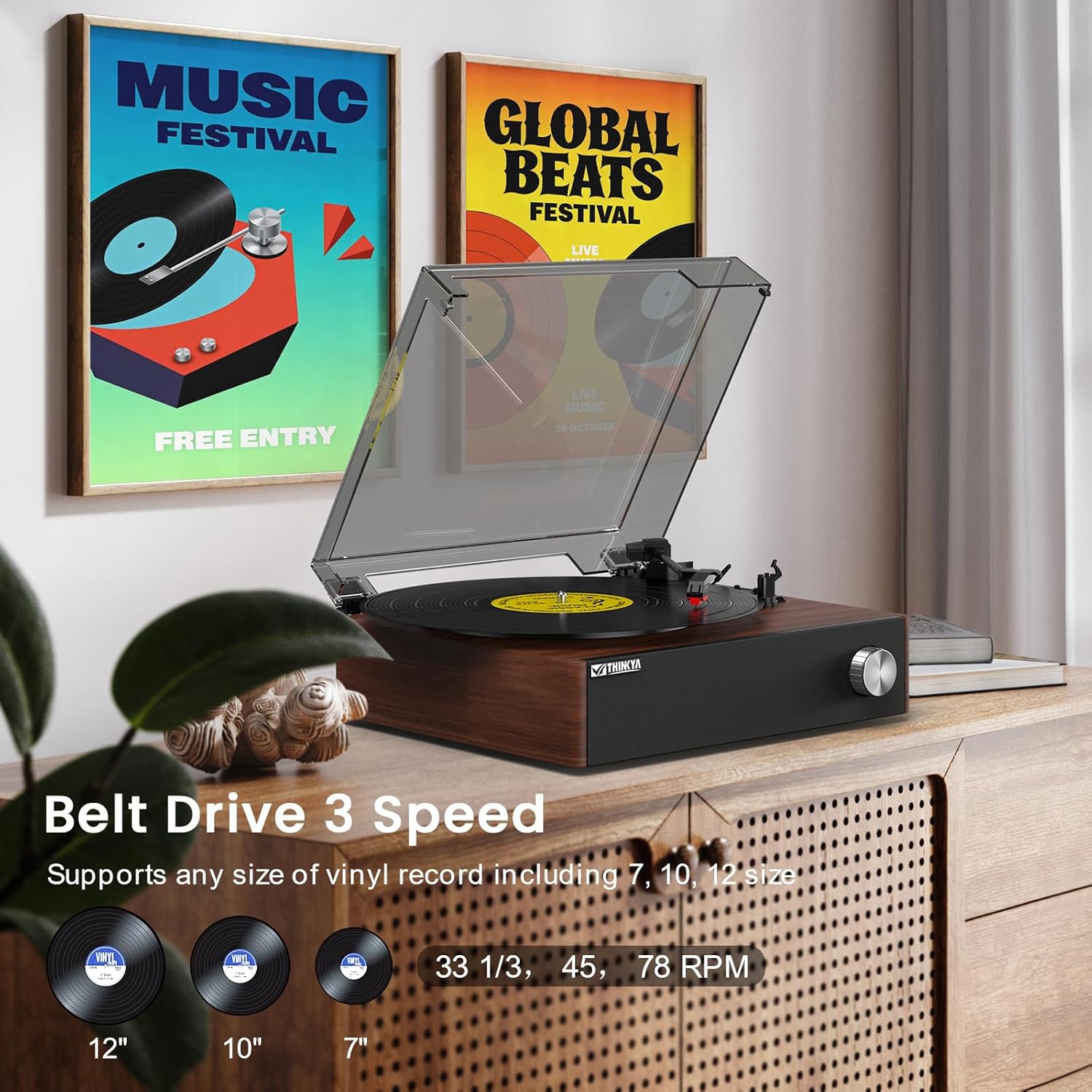 Bluetooth Vinyl Record Player with Speakers, Hi-Fi Belt-Drive Turntable for Vintage Music Lovers, 3-Speed Retro Record Player with Auto-Stop, Stable Tonearm & Premium Sound – Ideal Home Audio & Gifts