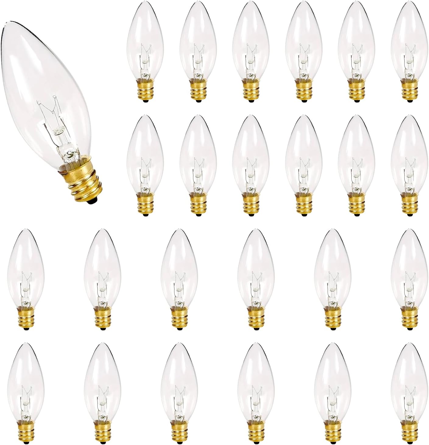 25 Pack Clear Torpedo Tip Replacement Bulbs,C26 Candle Light Bulbs,7W Incandescent,E12 Candelabra Base,120V for Electric Candle Lamps,Night Lights,Chandeliers, Christmas,Halloween Decor