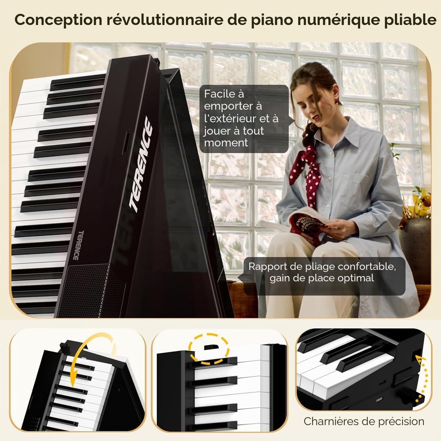 TERENCE Piano Numérique 88 Touches Pliable Piano Électrique avec Touches Lestées Clavier Électronique Bluetooth MIDI Haut-parleurs 2x5W Batterie 1800mAh Pédale de Sustain Sac de Transport Câble Audio