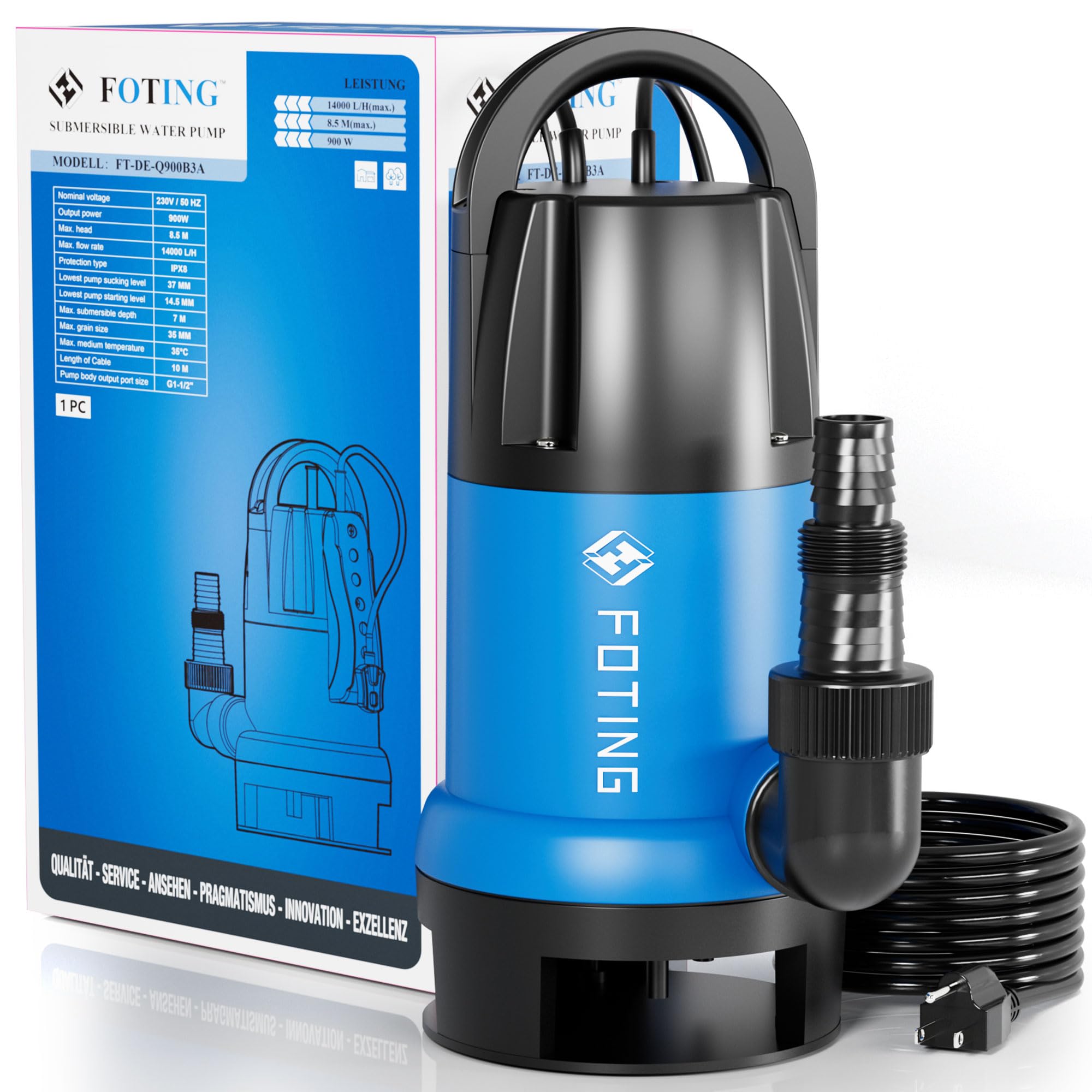 FOTING Bomba de aguas sucias 900W, capacidad de 14.000 l/h, Altura máxima de suministro 8,5 m, inmersión máx. 7 m, interruptor de flotador, cuerpos extraños hasta 35 mm, para sótanos y alcantarillas