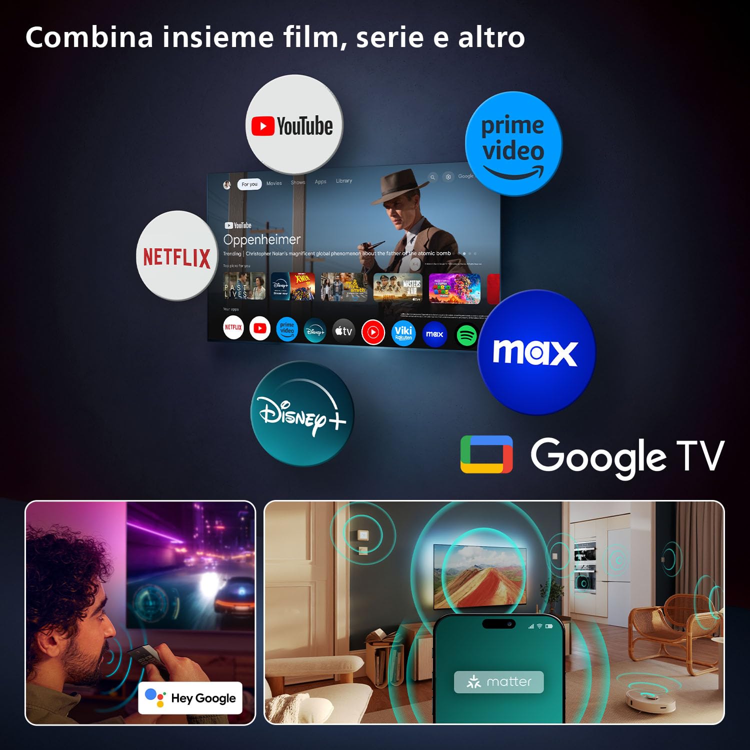Philips Ambilight 65OLED820 4K OLED Smart TV - Display 65’’ con processore P5 AI Perfect Picture Ultra HD, Google TV, Dolby Vision e Atmos Sound - Funziona con Alexa e Google