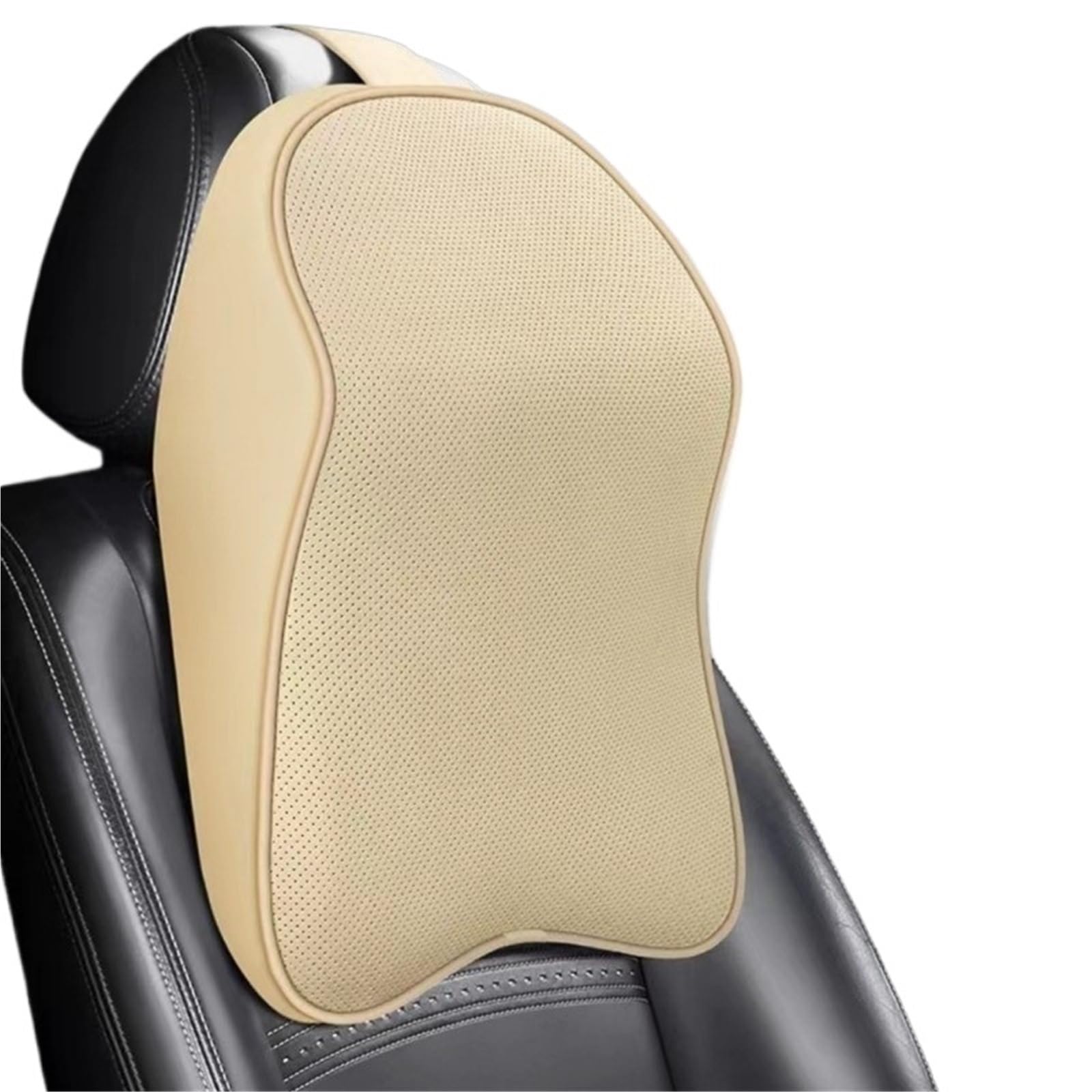 POAWUDJA Car Pillow 3D Nappa Leather Memory Foam Headrest Car Neck Pillow Support Pain Relief Travel Removable Cover(Beige)