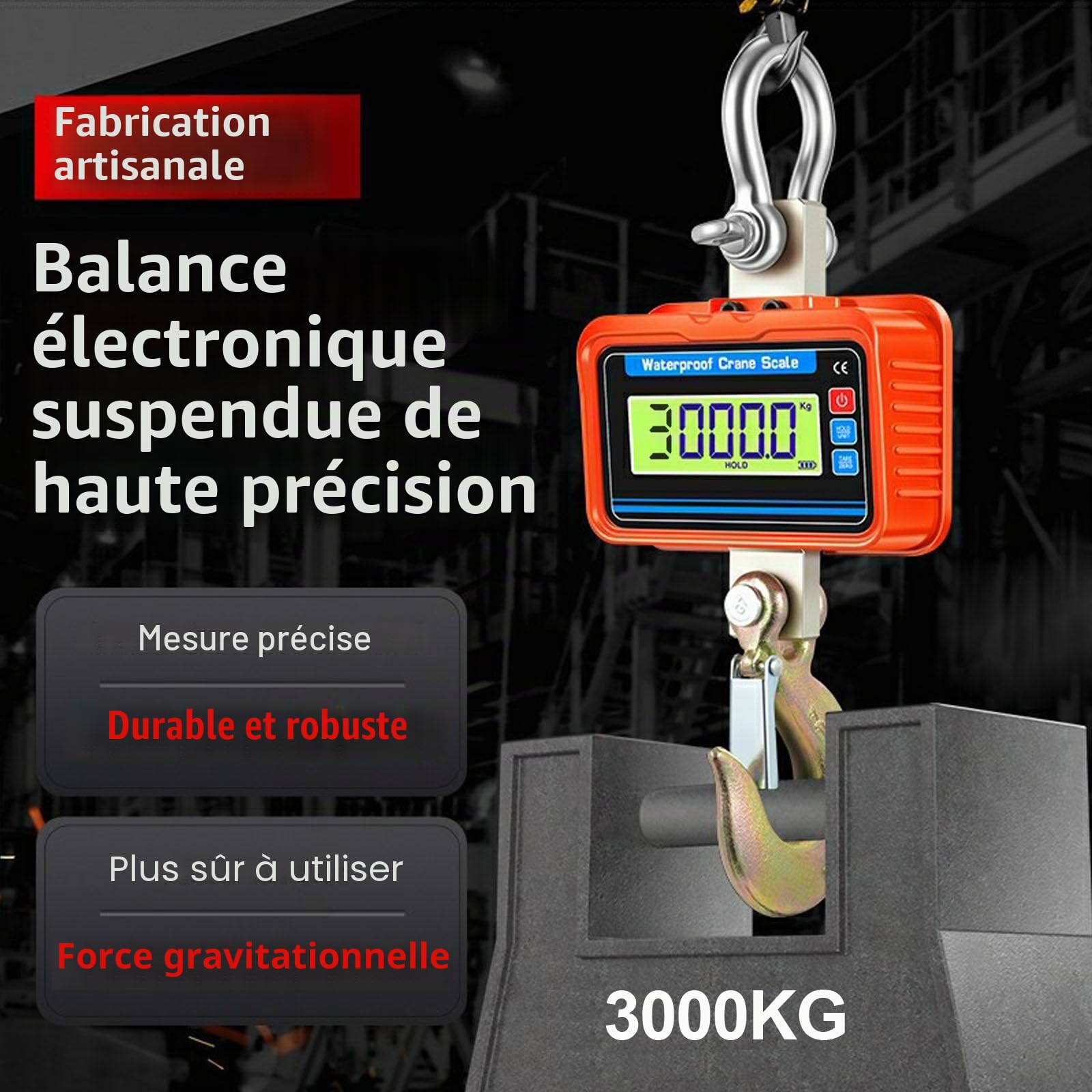 Balance de grue intelligente 3 tonnes 3000 kg - Avec alliage d'aluminium de qualité aéronautique - Crochet numérique - Modèle rechargeable