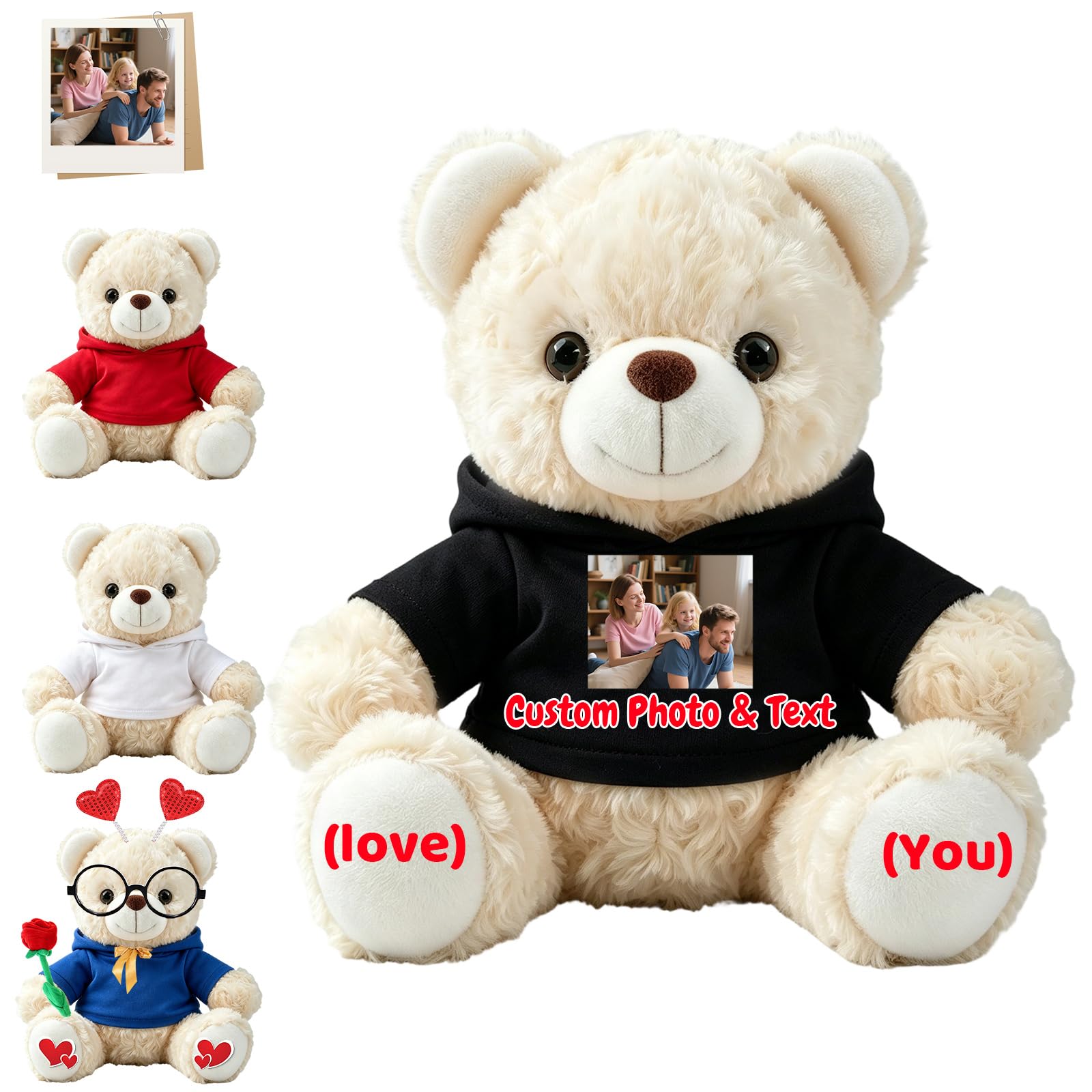 FAHOXUMR Custom Teddy Bear Stuffed Animal with Photo and Text for Boyfriend Girlfriend, 8 Inch Soft White Teddy Bear with Clothes as Gift for Valentine Christmas Anniversary Graduation
