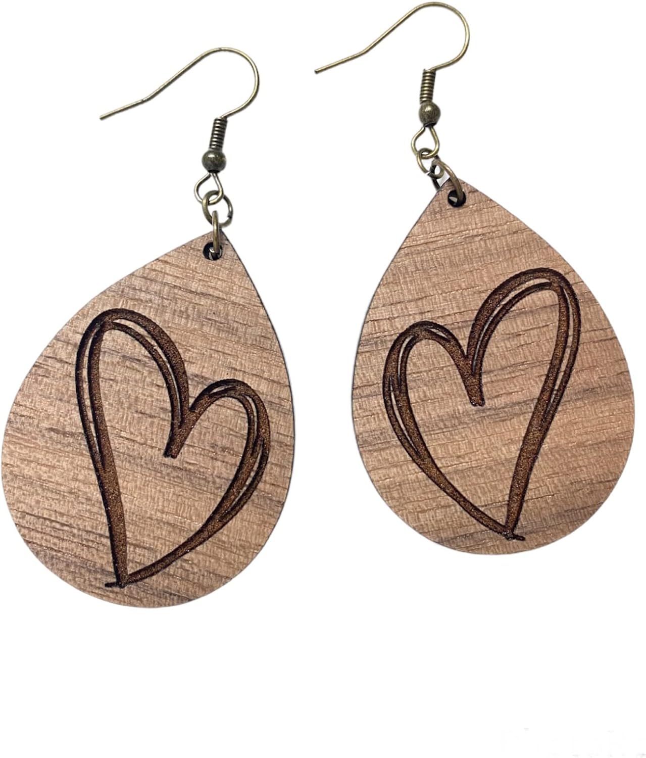 MissyMadeCo Handmade Engraved Walnut Wood Heart Design Earrings, Teardrop Dangles, Jewelry for Women, Teens, Girls, Perfect Birthday Anniversary Gifts