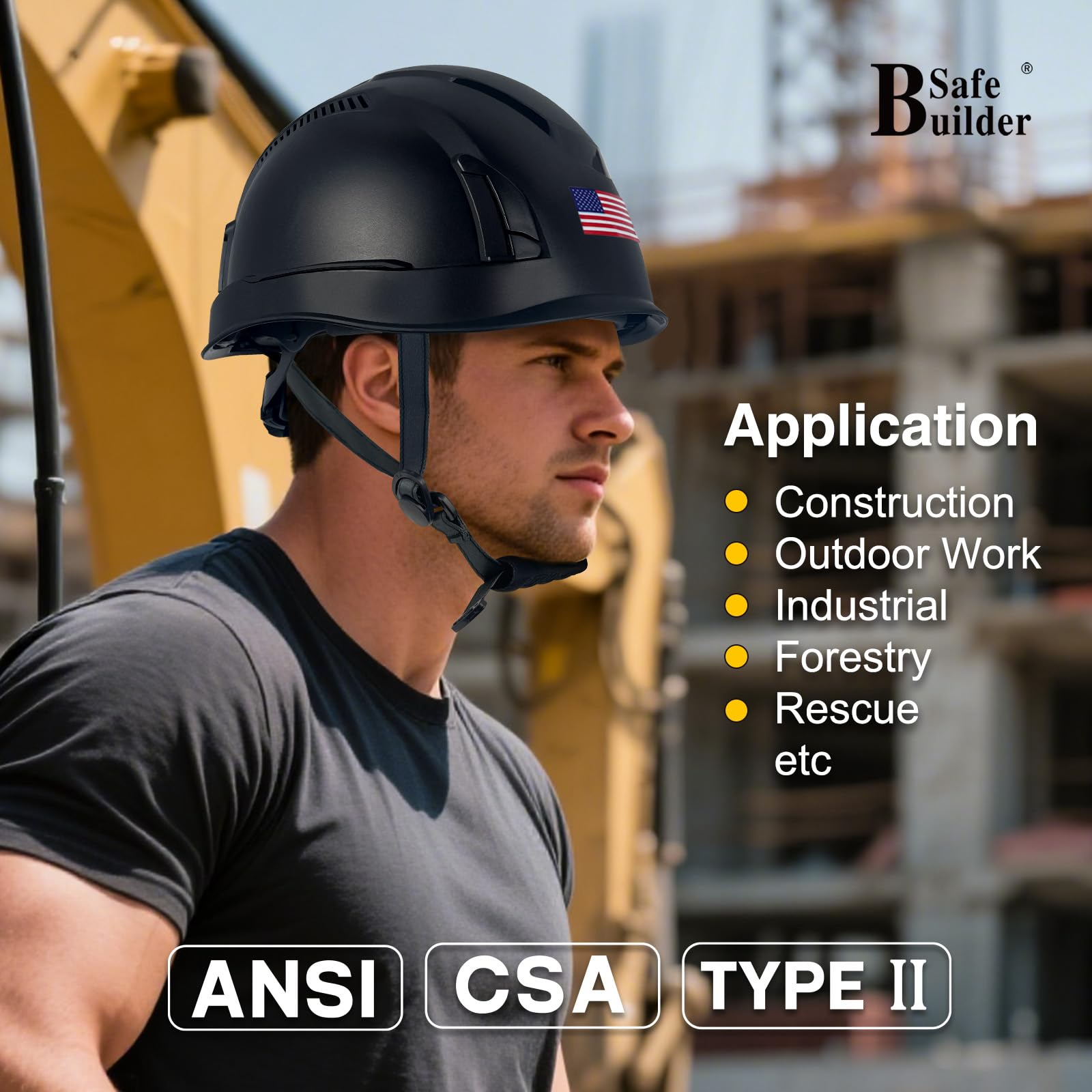 SAFEBUILDER Casques de protection ANSI et CSA de type II ventilés de type 2 classe C, LT pour protection contre les chocs supérieurs avant, arrière et latéraux, mentonnière avec boucle magnétique