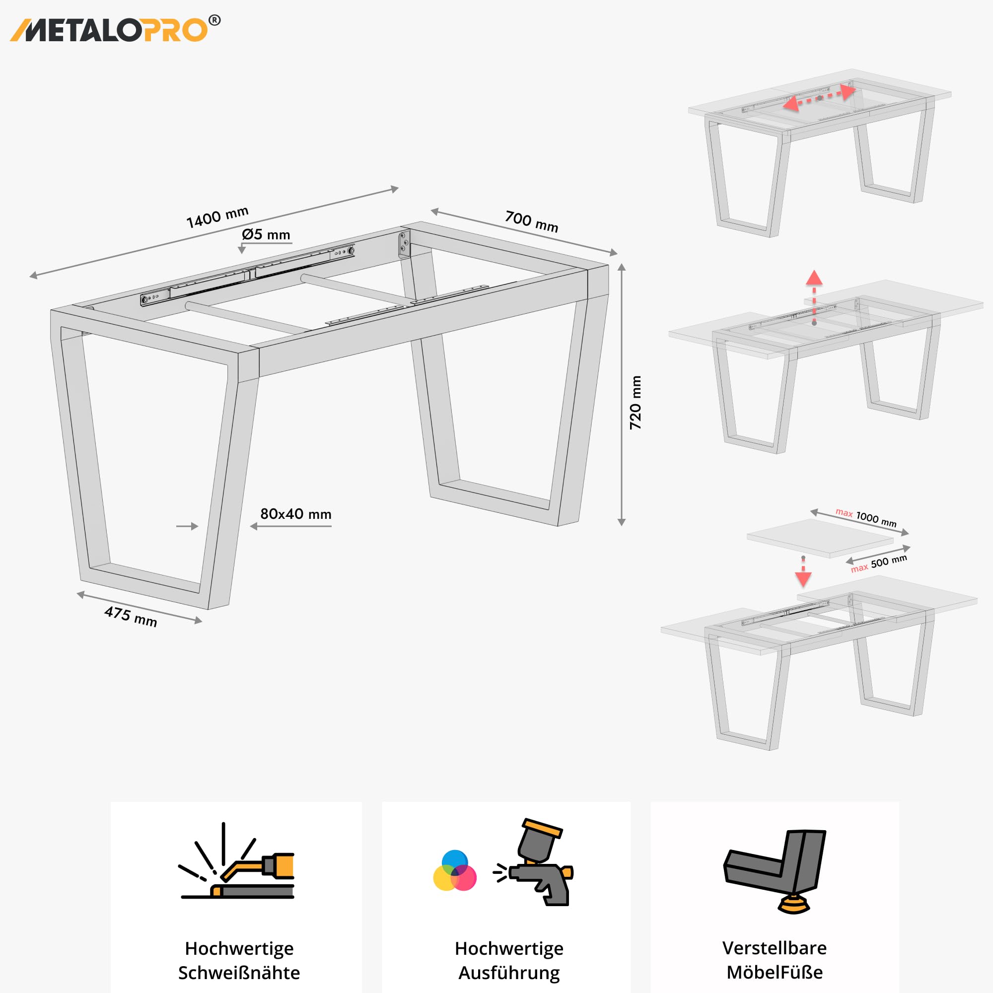 Atria Split Tischgestell 140x70x72 cm, Tischbeine Metall, Schwarz