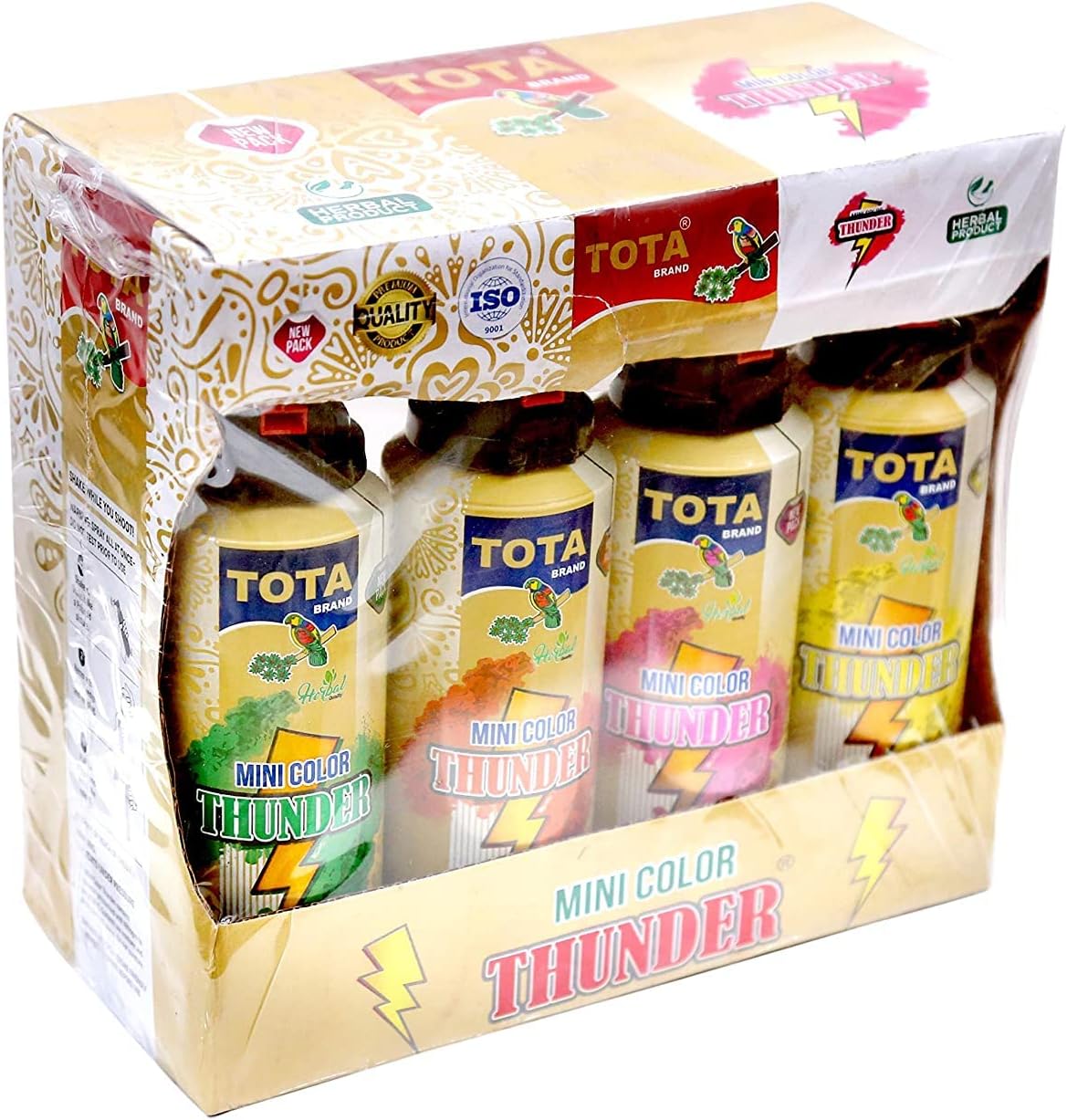 Tota brand Non-Toxic Eco Friendly Holi Herbal Gulal Spray Bottle, Tota Mini Thunder Holi Herbal Gulal (Pack of 4 Bottel) - Mix Color (Medium Spray)